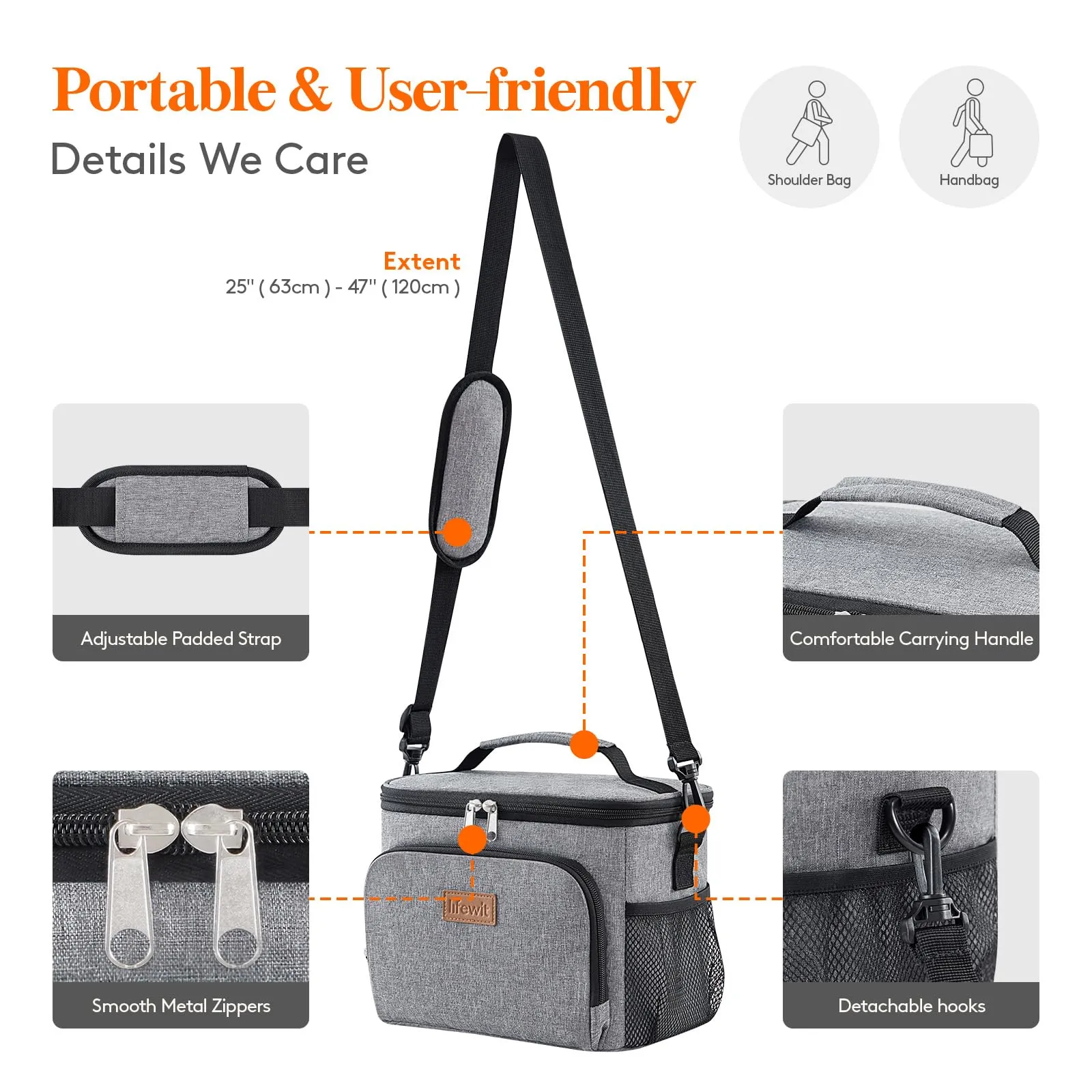 Lifewit Borsa Termica Porta Pranzo Impermeabile con Tracolla, Grigio, 9L - immagine 6