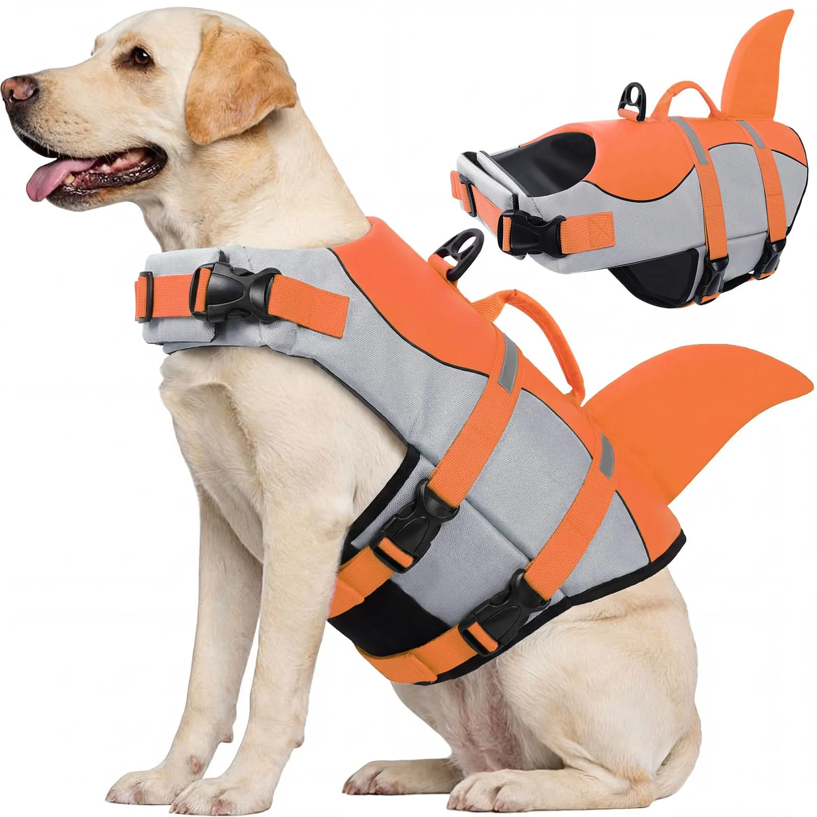 CITÉTOILE Salvagente per Cane Ripstop Regolabile Design Squalo, Arancione, XL - immagine 1