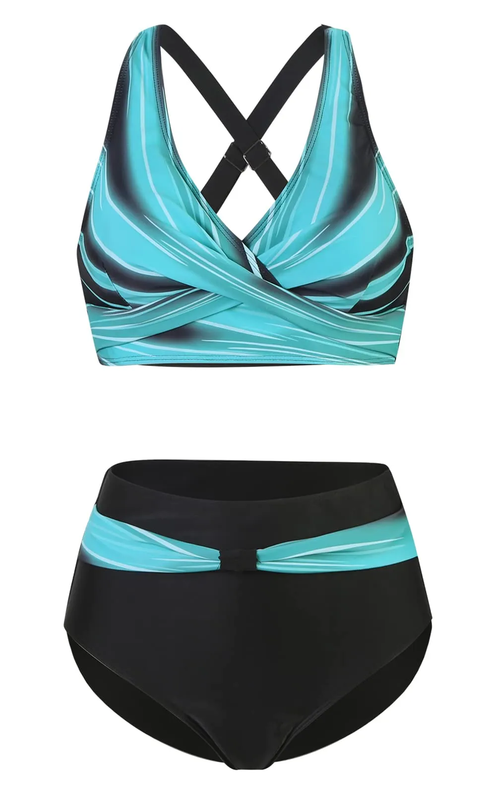 Adigaber Costume da Bagno Bikini Due Pezzi Donna Vita Alta Stampato Floreale, Striscia Blu, XL - immagine 3