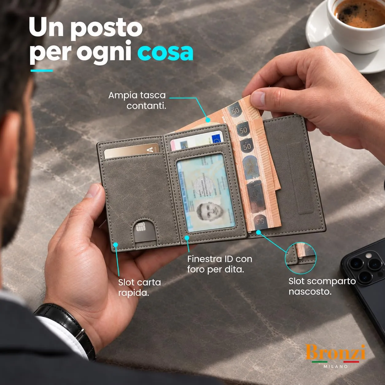 Bronzi Portafoglio Uomo Slim Revelation RFID Grigio Antracite - immagine 3