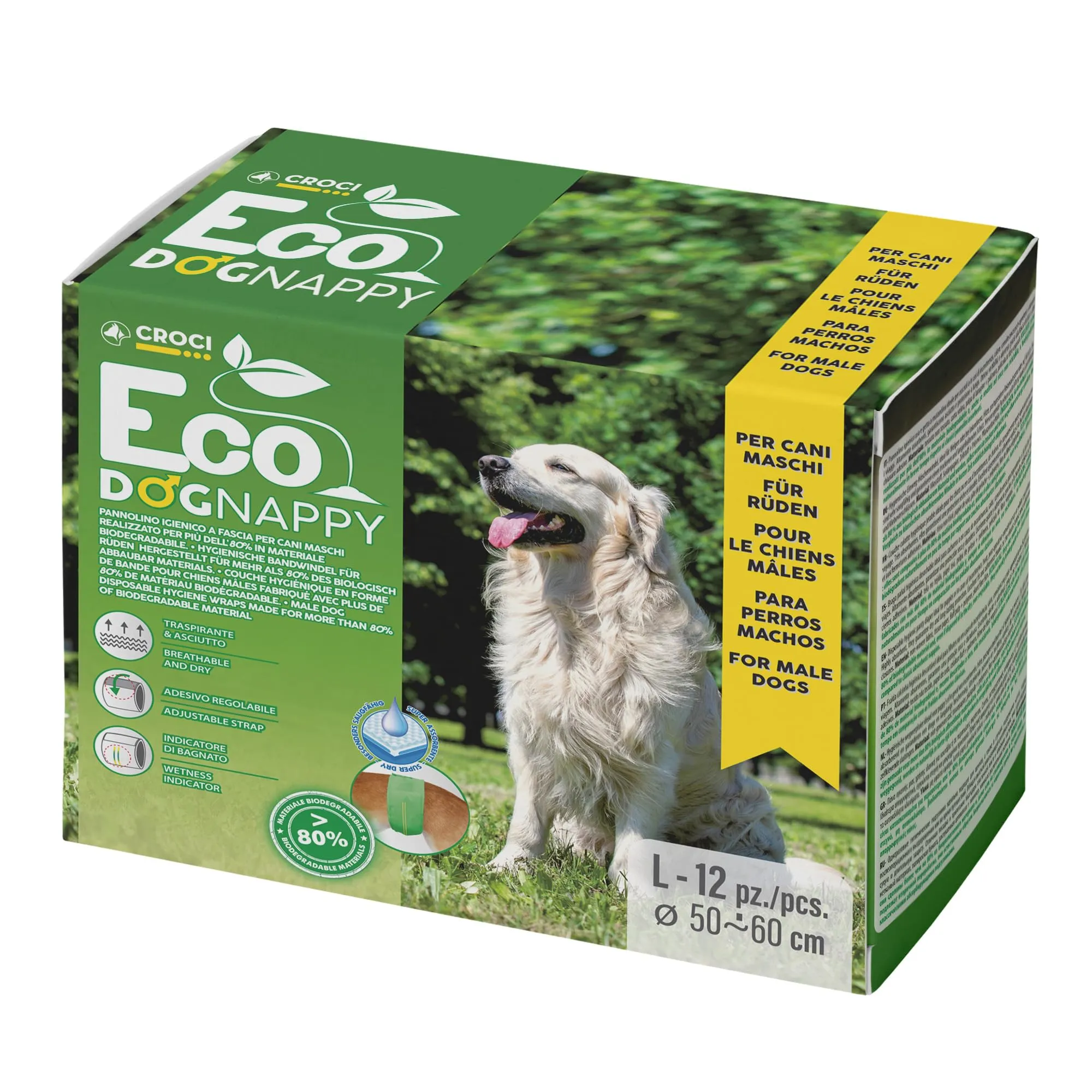 Croci Dog Nappy Eco Fascia Assorbente Biodegradabile per Cani Maschi, Taglia L (50-60 cm), 12 pz - immagine 1