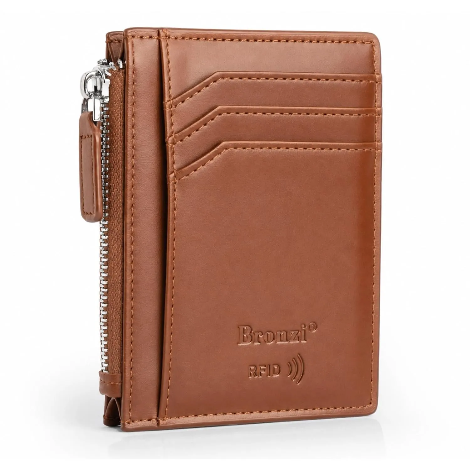 Bronzi Portafoglio Porta Carte Slim RFID Zip Marrone - immagine 1