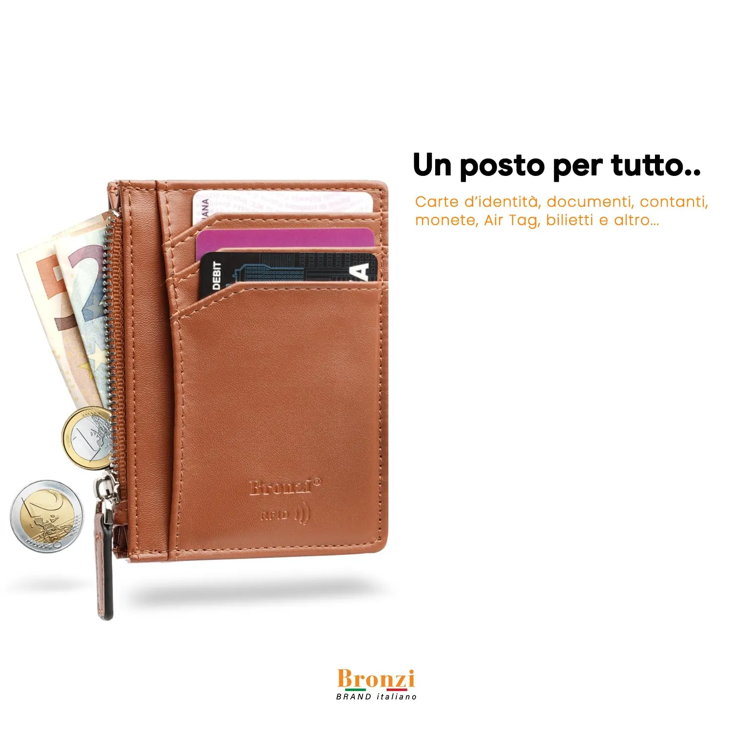 Bronzi Portafoglio Porta Carte Slim RFID Zip Marrone - immagine 2