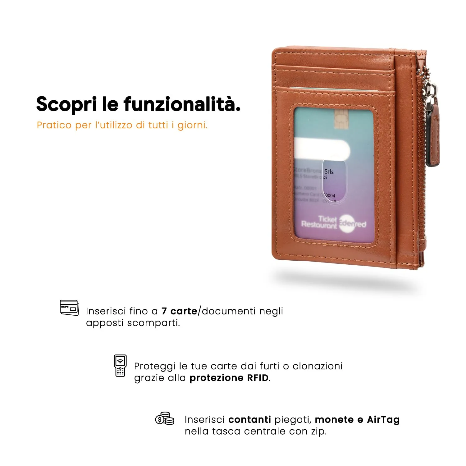 Bronzi Portafoglio Porta Carte Slim RFID Zip Marrone - immagine 3
