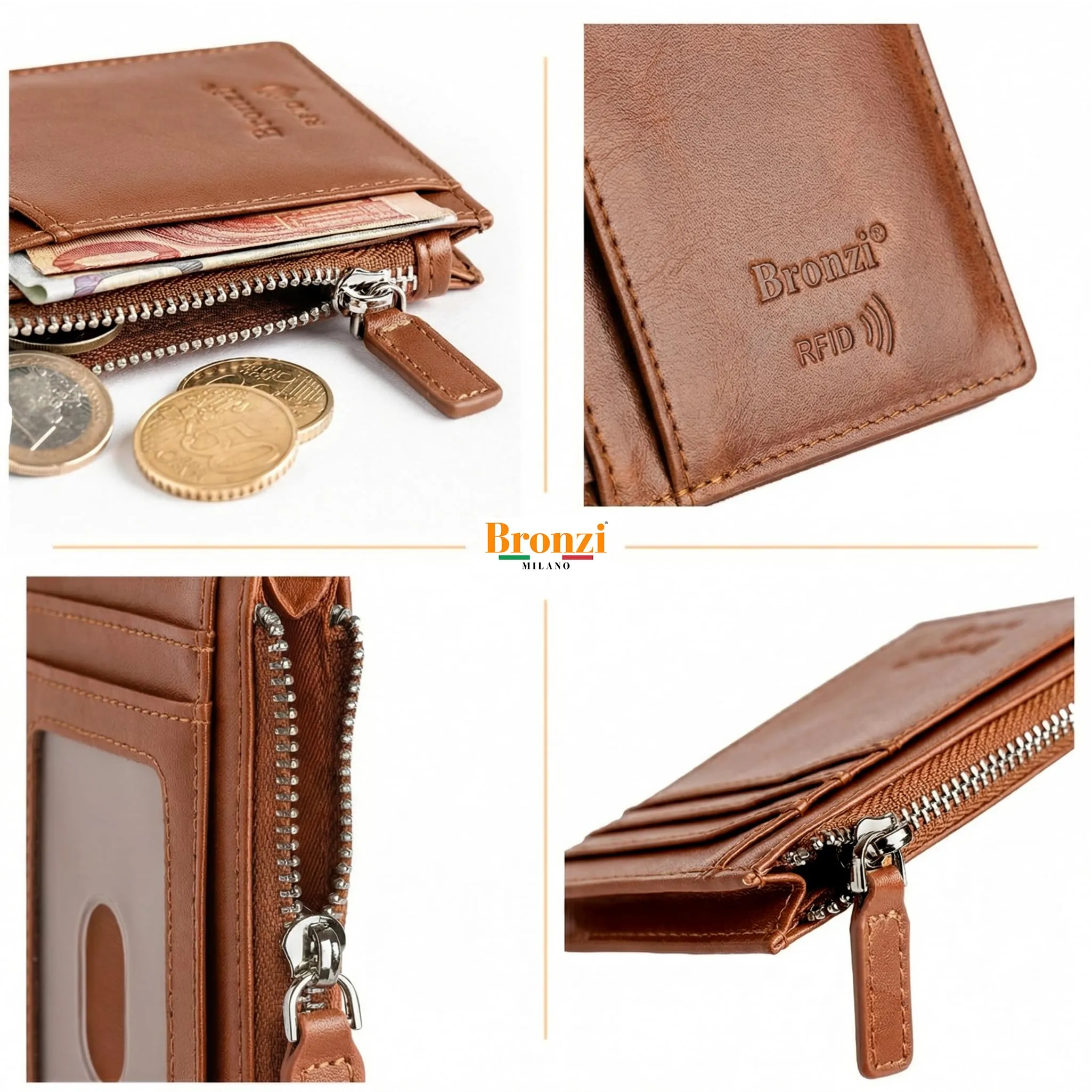 Bronzi Portafoglio Porta Carte Slim RFID Zip Marrone - immagine 5