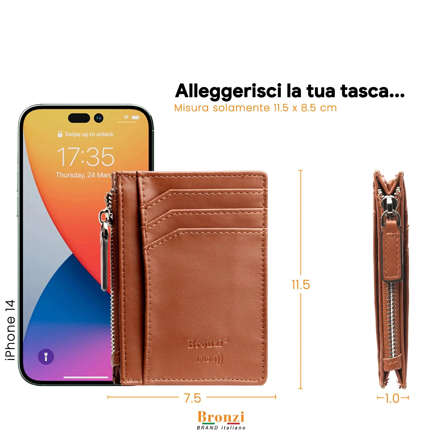 Bronzi Portafoglio Porta Carte Slim RFID Zip Marrone - immagine 6