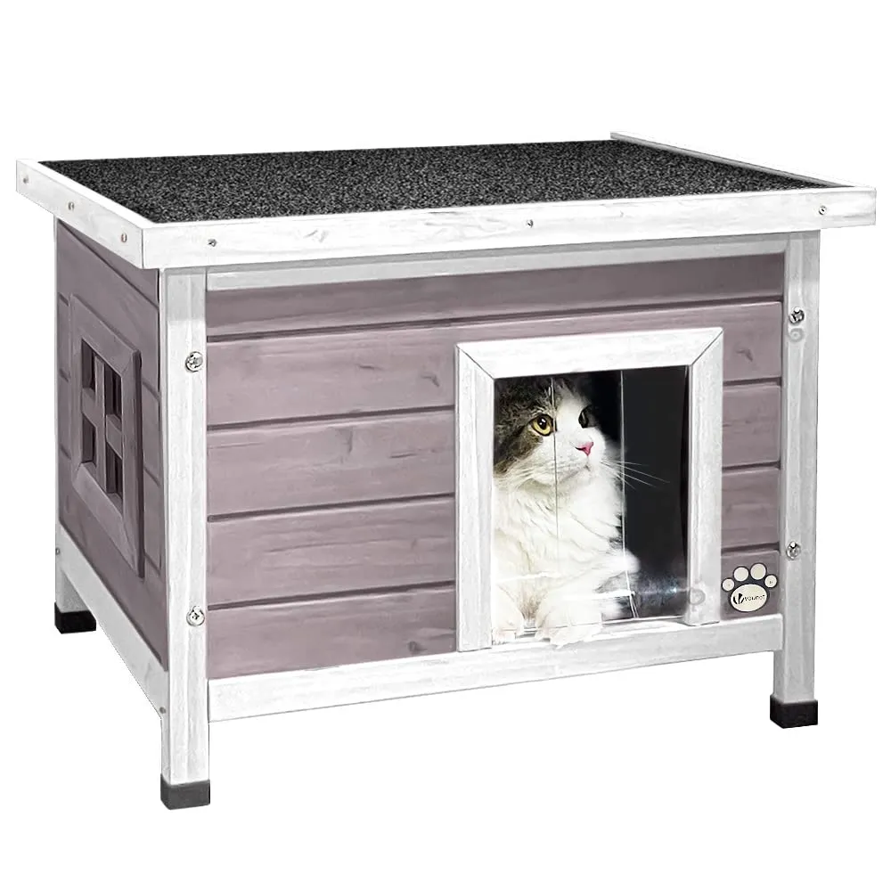 VOUNOT Casetta per Gatti in Legno con Finestra in Plexiglas, Cuccia da Esterno 57x45x43cm Grigio - immagine 1