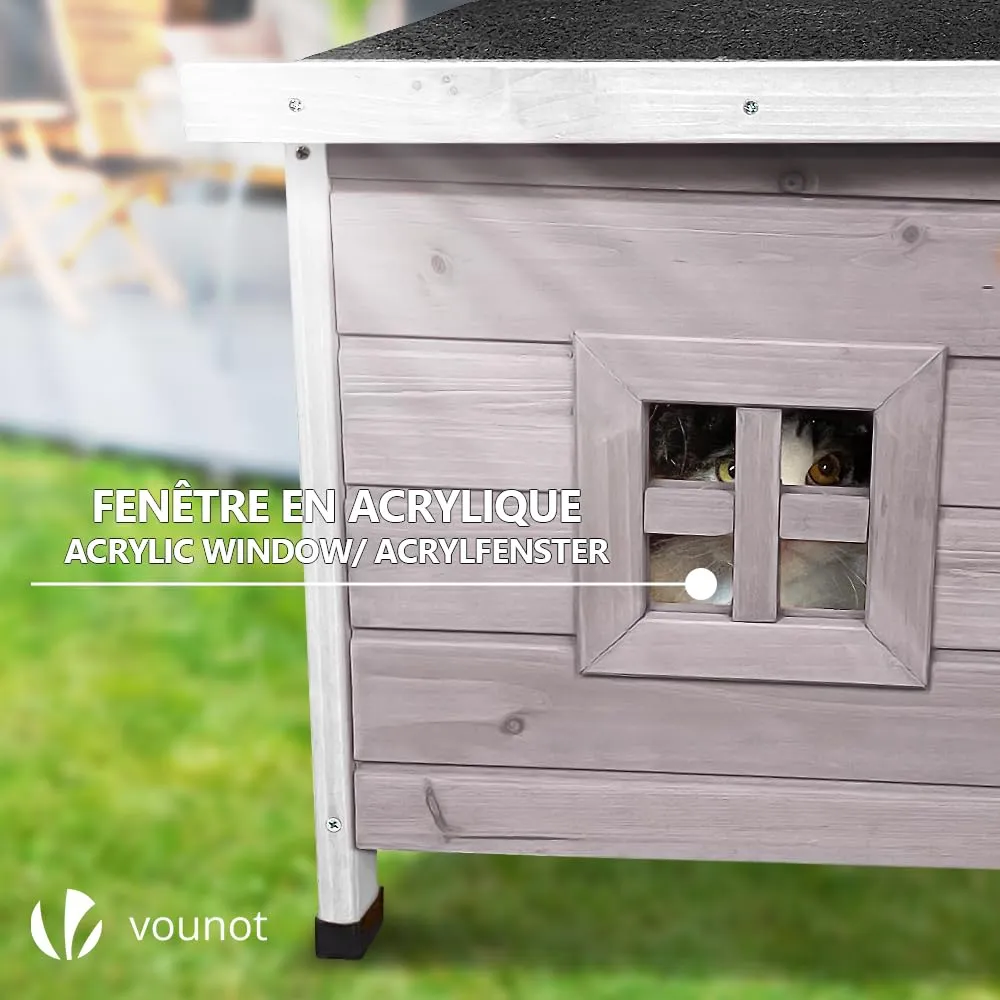 VOUNOT Casetta per Gatti in Legno con Finestra in Plexiglas, Cuccia da Esterno 57x45x43cm Grigio - immagine 7