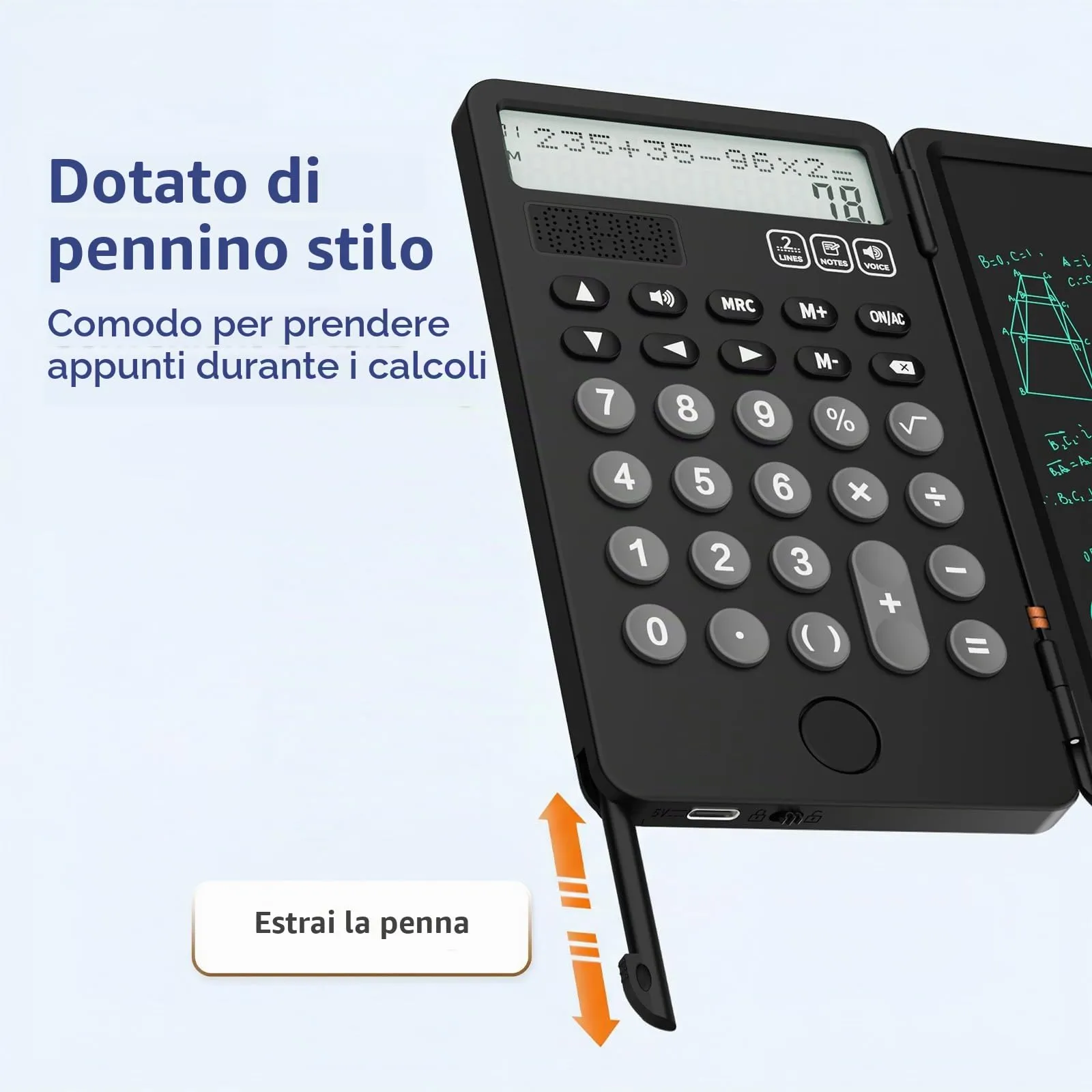 NEWYES Calcolatrice portatile con blocco note, display a 2 righe a 12 cifre, ricaricabile e solare, nero - immagine 2