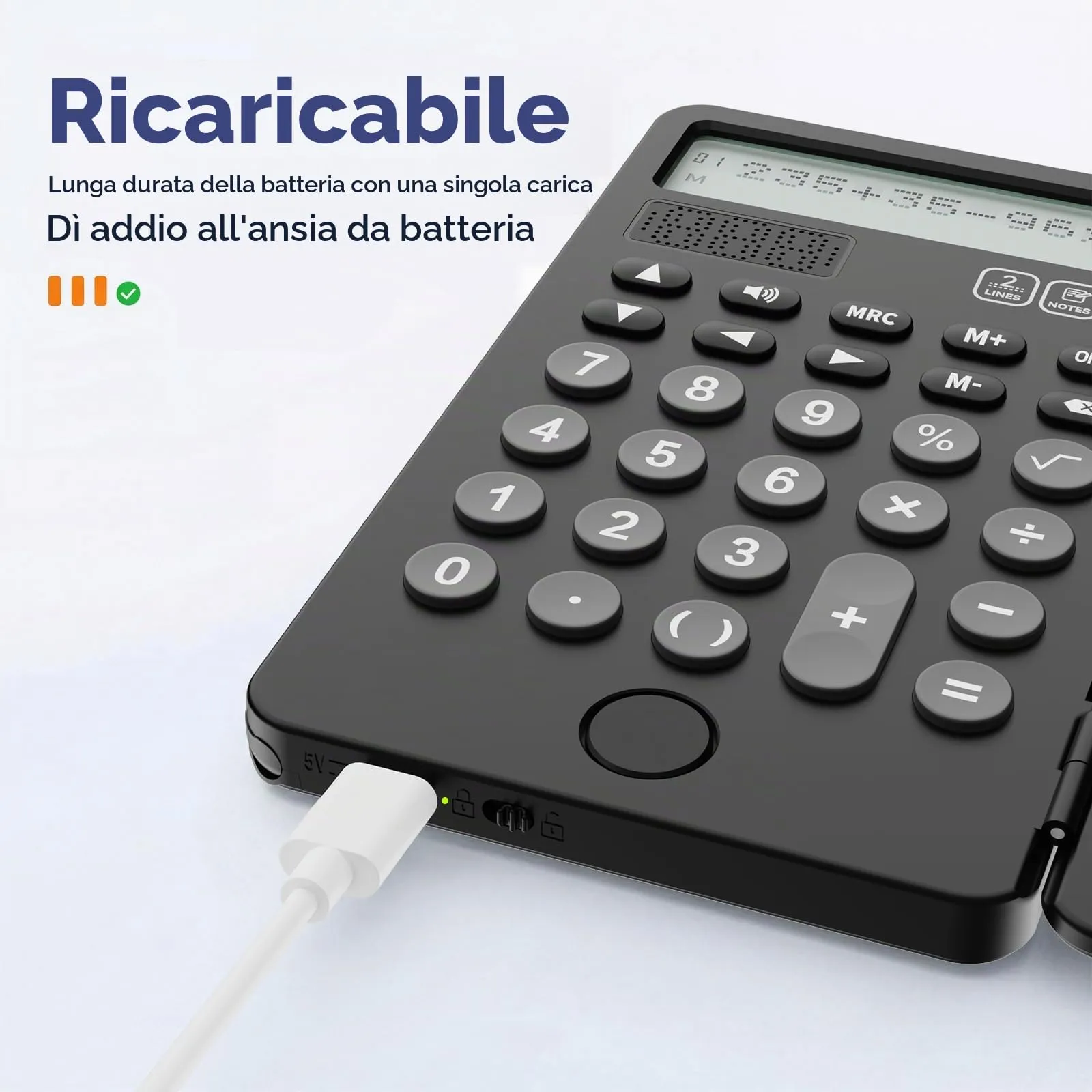 NEWYES Calcolatrice portatile con blocco note, display a 2 righe a 12 cifre, ricaricabile e solare, nero - immagine 3
