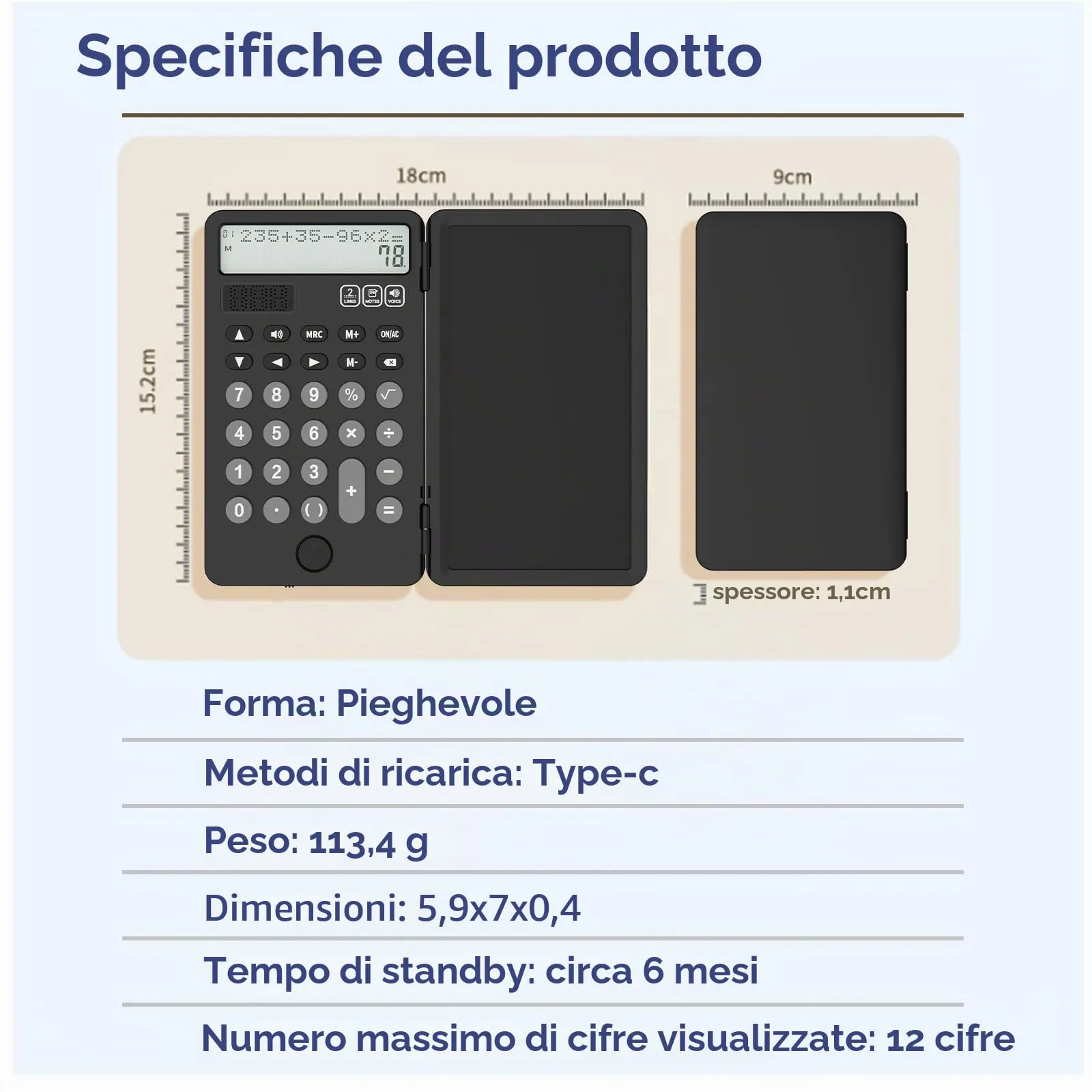NEWYES Calcolatrice portatile con blocco note, display a 2 righe a 12 cifre, ricaricabile e solare, nero - immagine 5