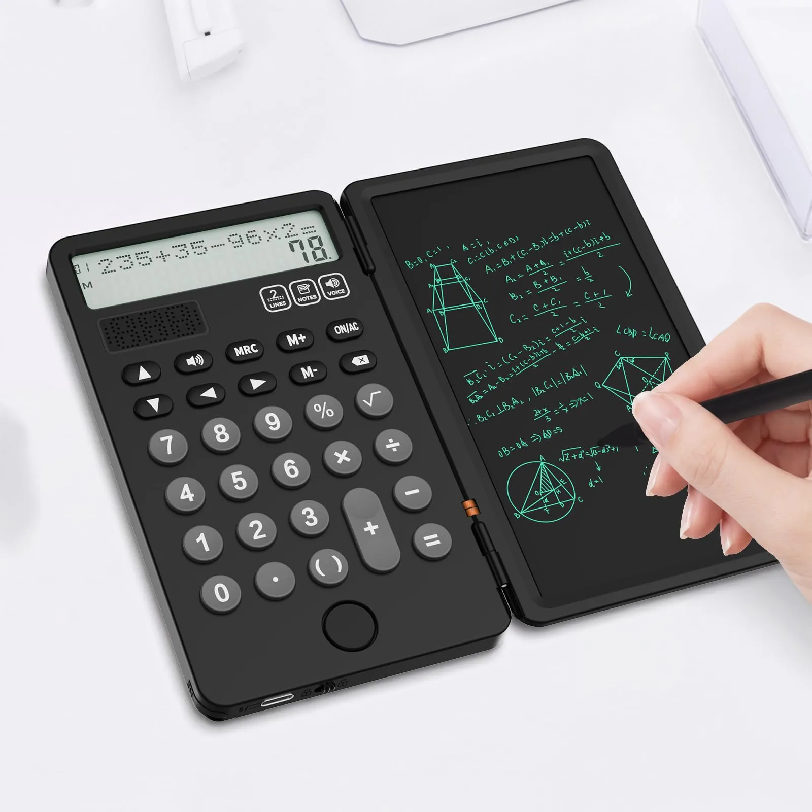 NEWYES Calcolatrice portatile con blocco note, display a 2 righe a 12 cifre, ricaricabile e solare, nero - immagine 6