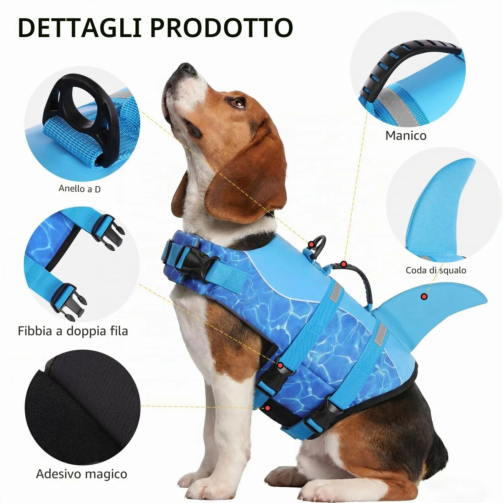 CITÉTOILE Salvagente per Cane Ripstop Regolabile Design Squalo, Onda blu, M - immagine 2