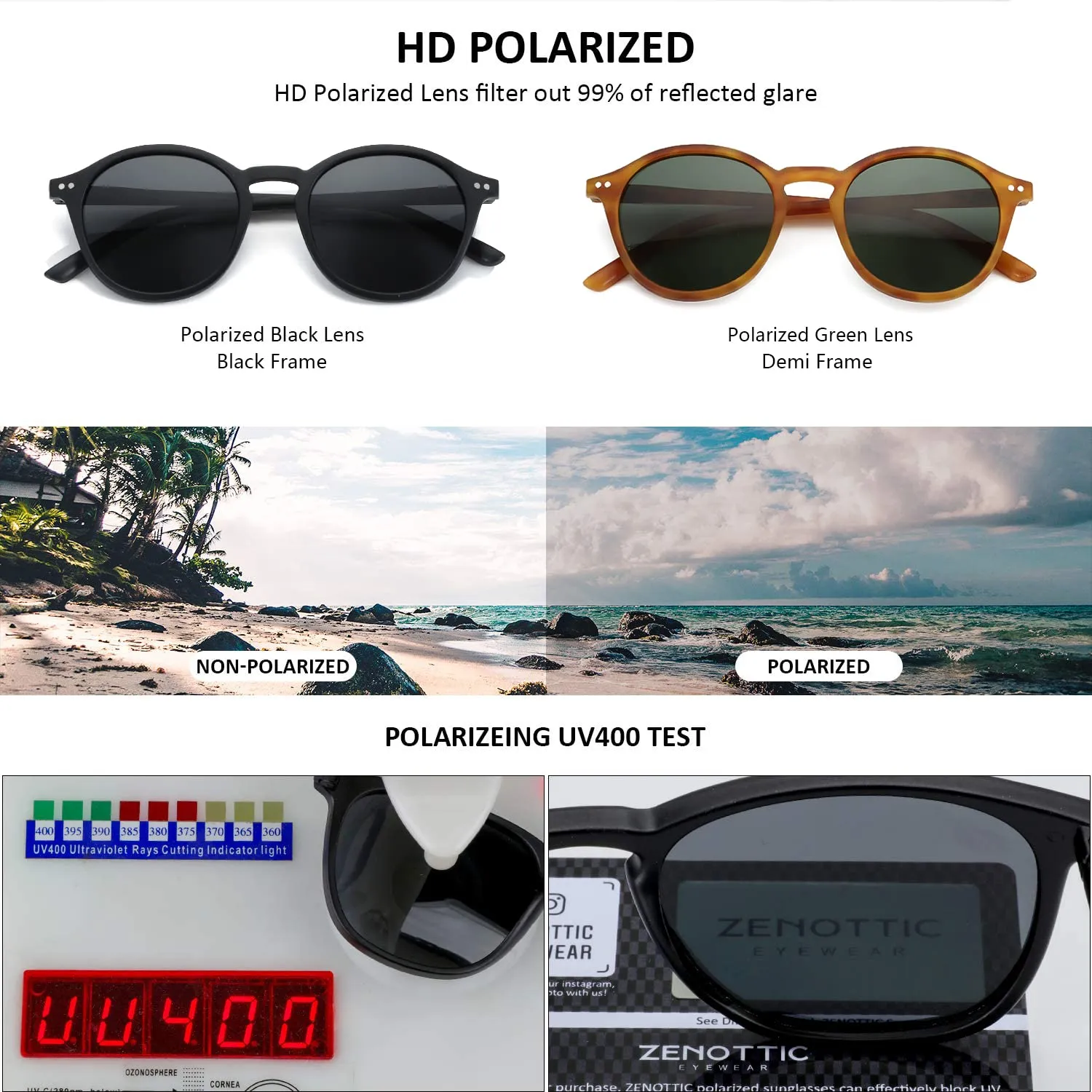 ZENOTTIC Occhiali da Sole Polarizzati UV400 Retro Rotondi e Quadrati, 2 Paia - immagine 4
