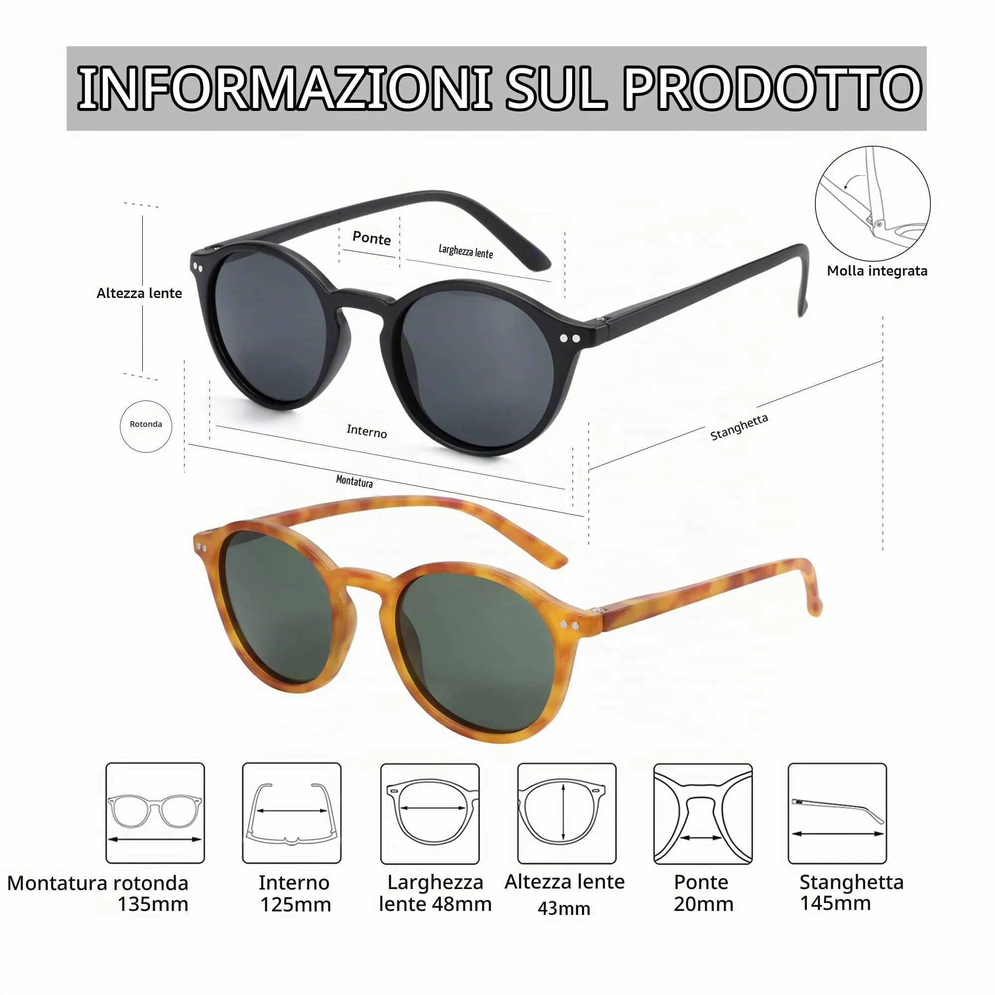 ZENOTTIC Occhiali da Sole Polarizzati UV400 Retro Rotondi e Quadrati, 2 Paia - immagine 6