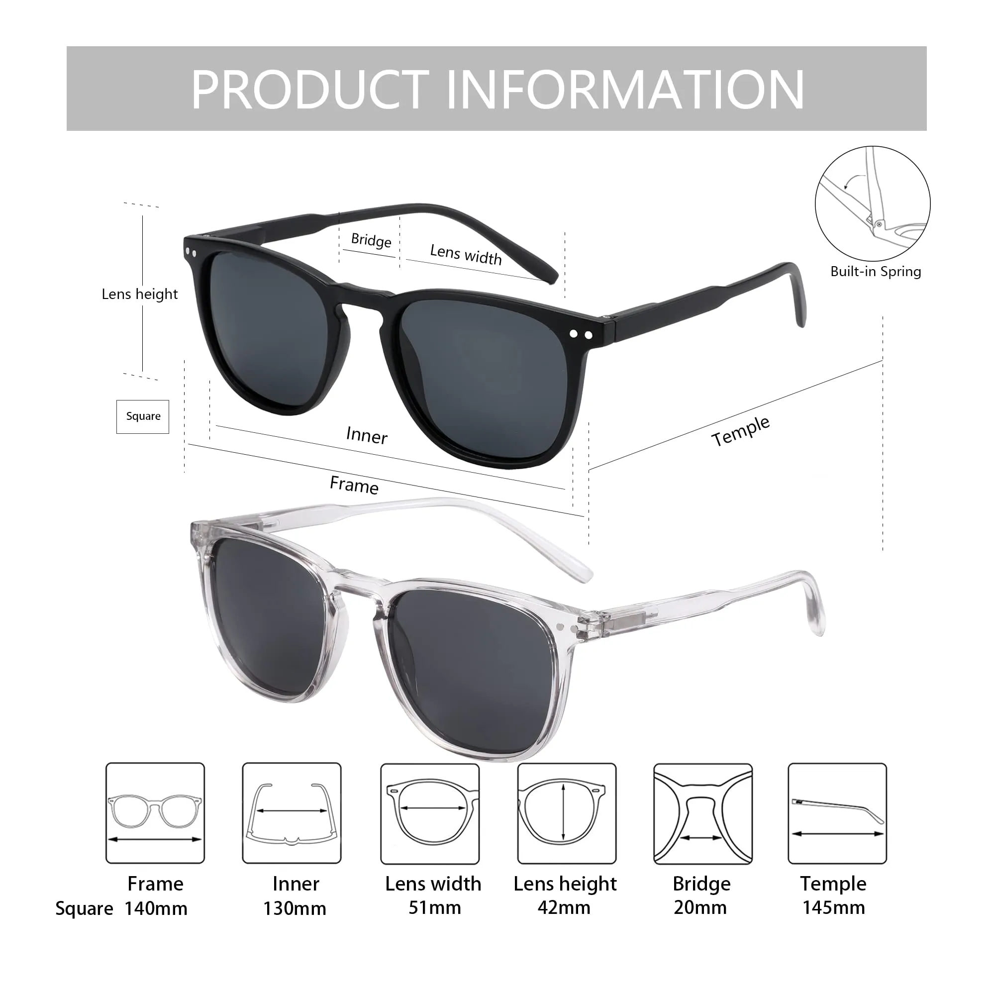 ZENOTTIC Occhiali da Sole Polarizzati UV400 Retro Rotondi e Quadrati Unisex, 2 Paia - immagine 6