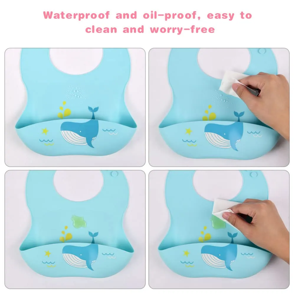 Vicloon Bavaglini 3D in Silicone con Tasca Raccoglipappa, 2 Pezzi, Impermeabili Senza BPA, Dinosauro e Balena - immagine 7