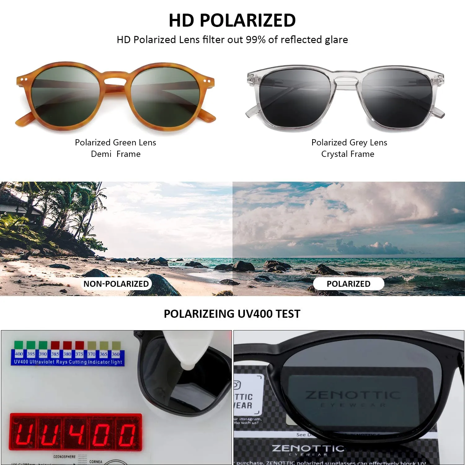 ZENOTTIC 2 Paia Occhiali da Sole Polarizzati UV400 Retro Rotondi e Quadrati Unisex - immagine 4