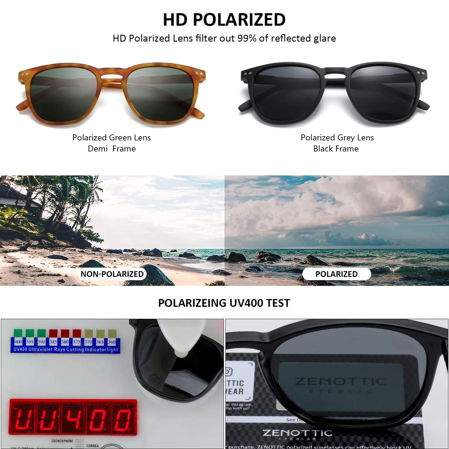 ZENOTTIC Occhiali da Sole Polarizzati UV400 Retro Rotondi e Quadrati per Uomo e Donna, 2 Paia - immagine 4