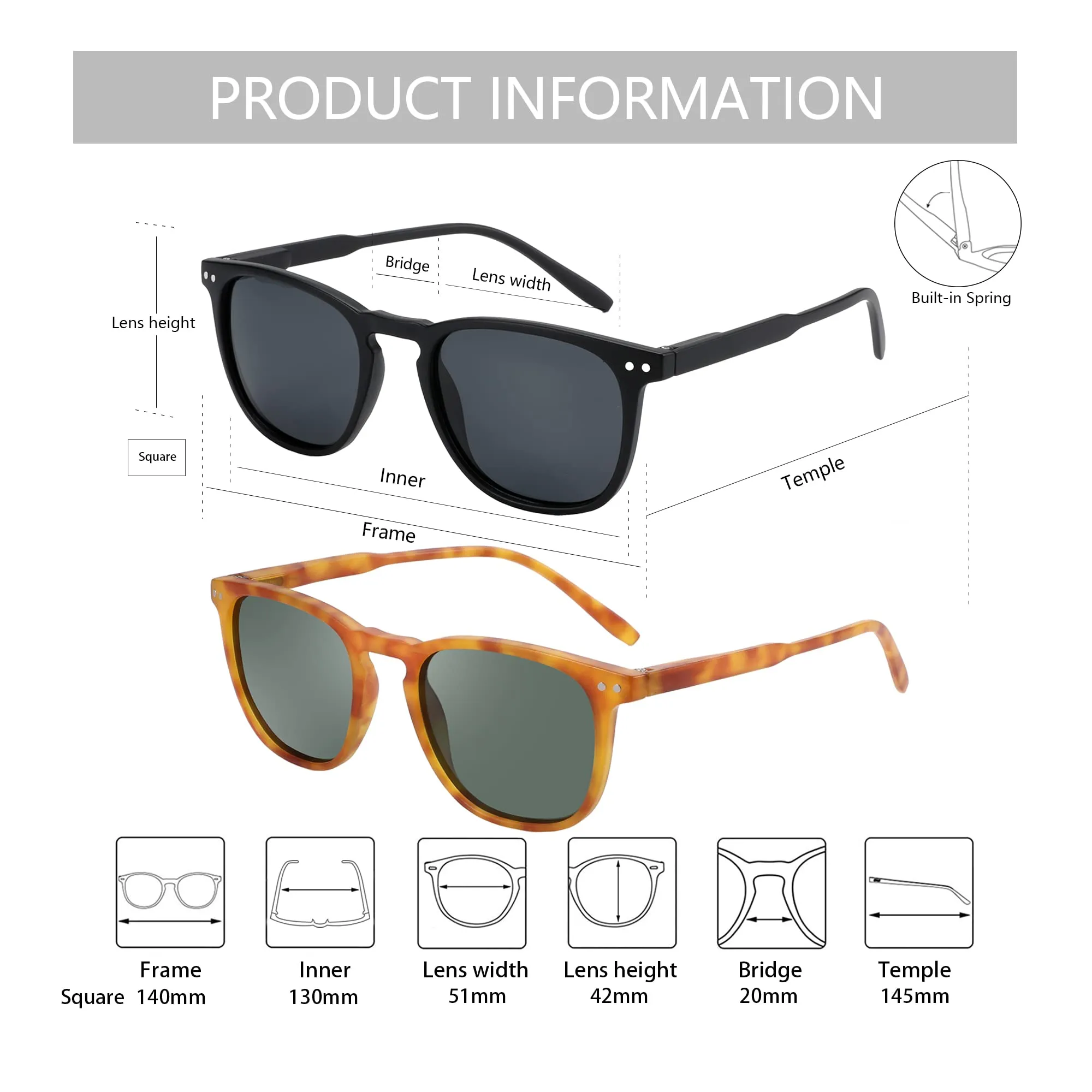 ZENOTTIC Occhiali da Sole Polarizzati UV400 Retro Rotondi e Quadrati per Uomo e Donna, 2 Paia - immagine 6