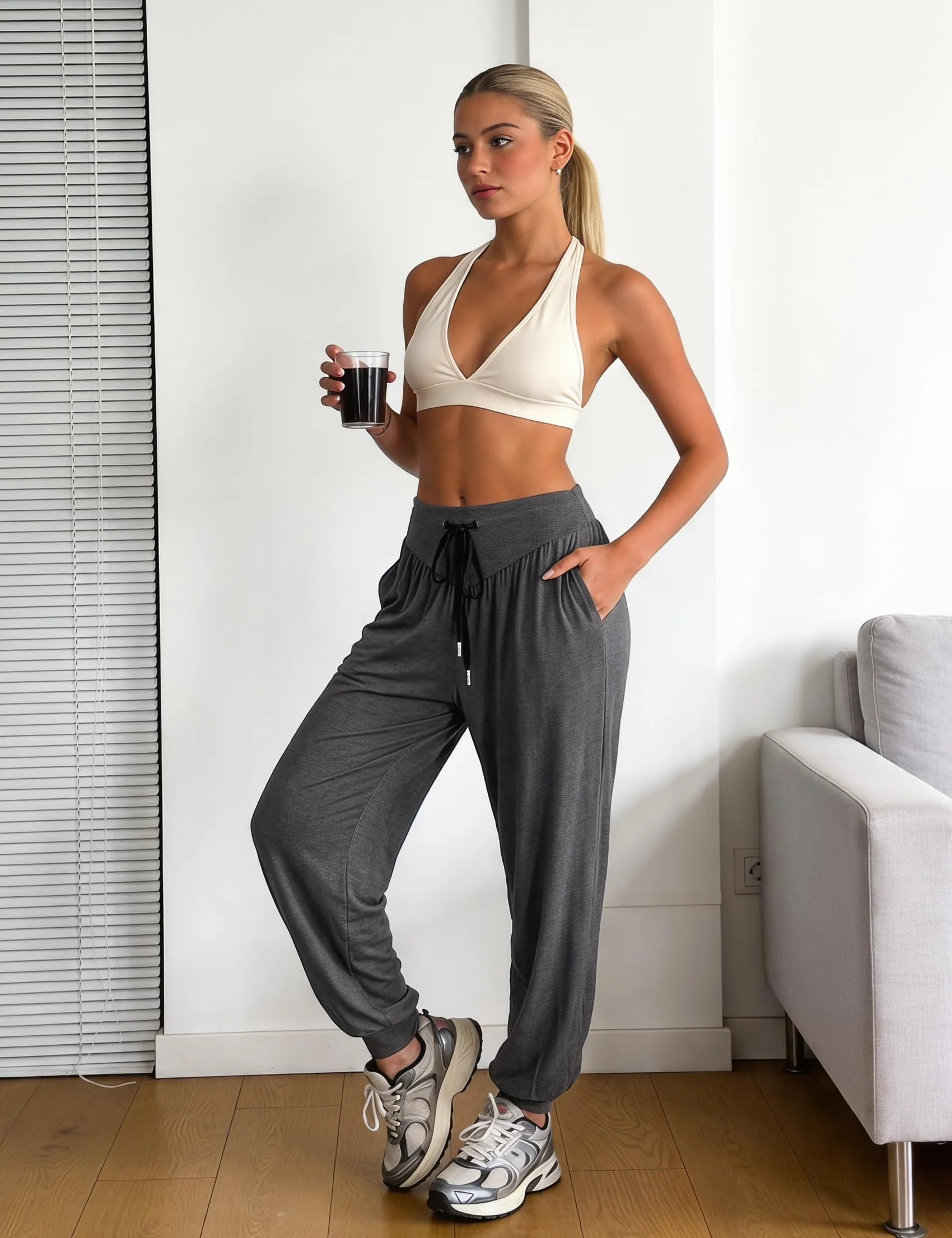 Terecey Pantaloni Yoga Donna Harem Vita Alta con Tasche e Coulisse Gamba Larga - immagine 2