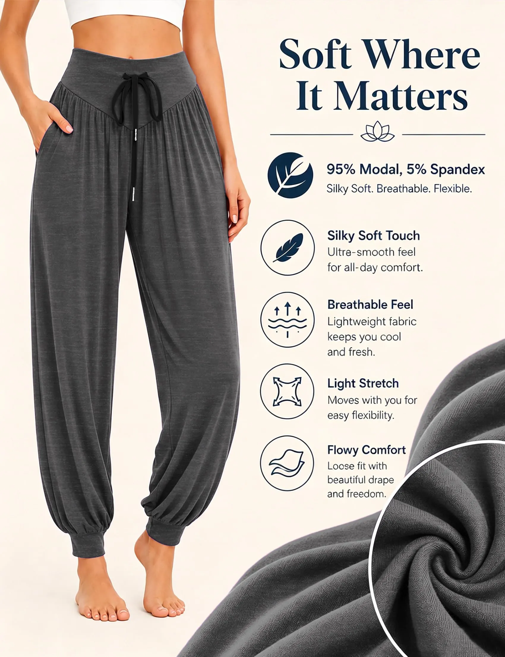 Terecey Pantaloni Yoga Donna Harem Vita Alta con Tasche e Coulisse Gamba Larga - immagine 3
