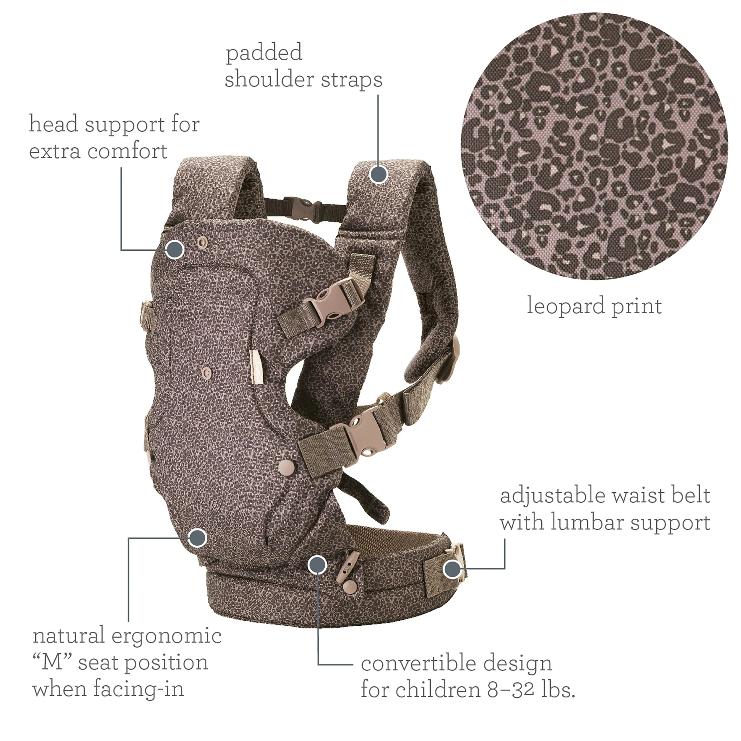 Infantino Flip Advanced 4-in-1 Ergonomic Baby Carrier, 3.6 to 14.5 kg, Leopard - immagine 5