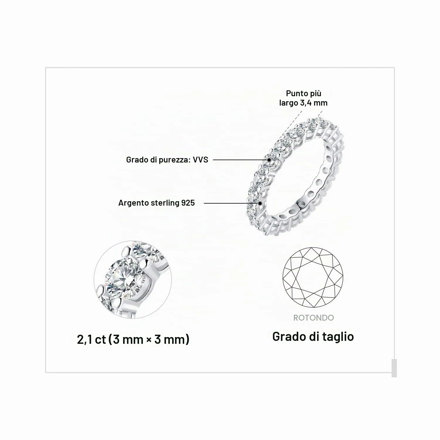 JewelryPalace Anello Eterno Donna in Argento 925 con Zirconia Cubica, Taglio Rotondo, Misura 22 - immagine 2