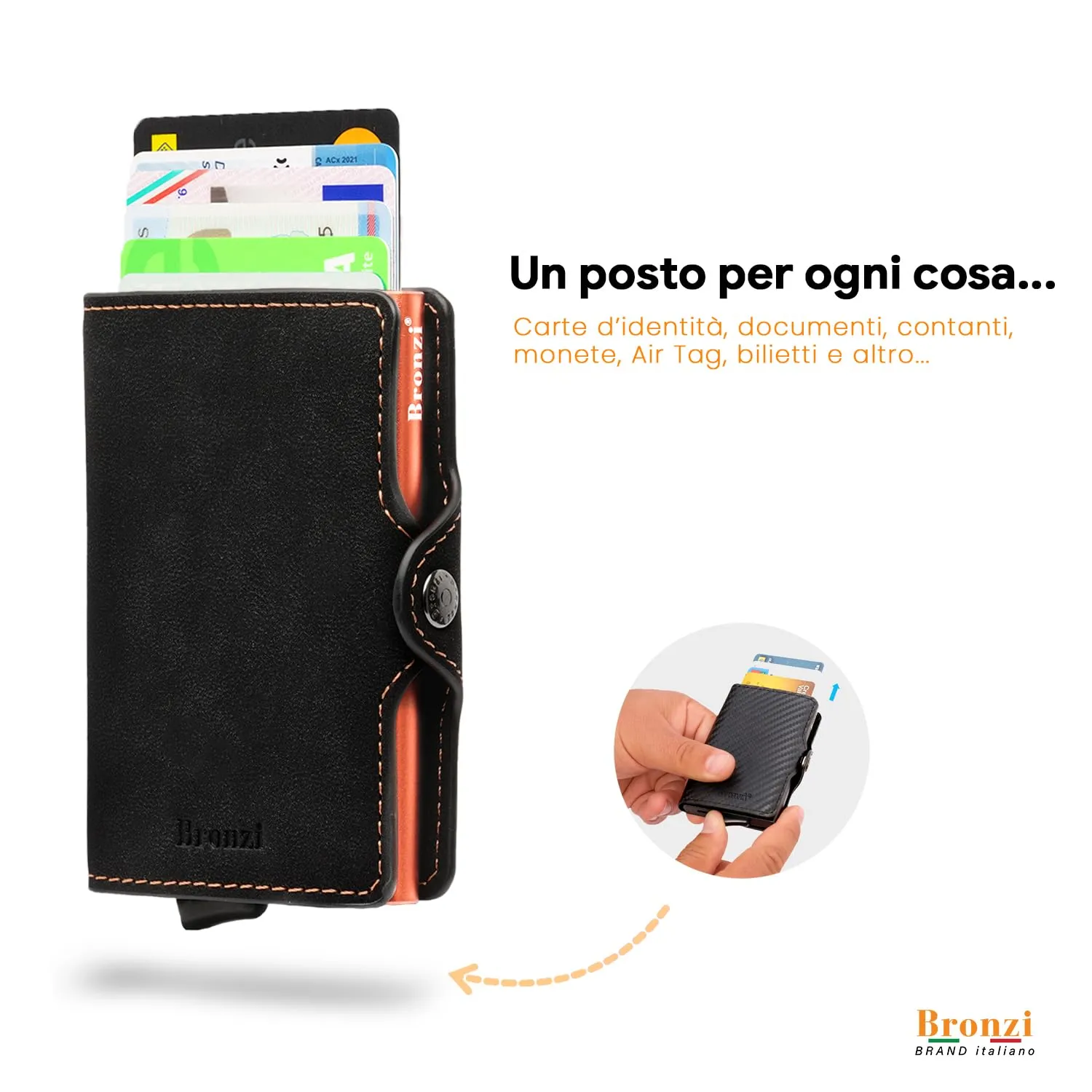 Bronzi Portafoglio Uomo Slim Piccolo Portacarte con Protezione RFID e Portamonete - Opaco Arancione - immagine 2