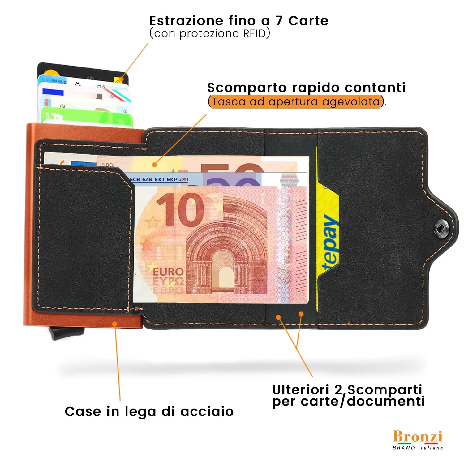 Bronzi Portafoglio Uomo Slim Piccolo Portacarte con Protezione RFID e Portamonete - Opaco Arancione - immagine 3