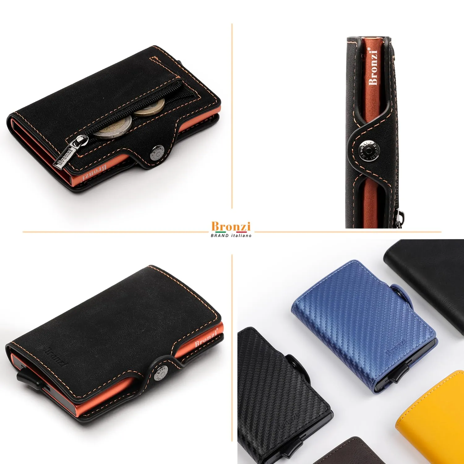 Bronzi Portafoglio Uomo Slim Piccolo Portacarte con Protezione RFID e Portamonete - Opaco Arancione - immagine 4