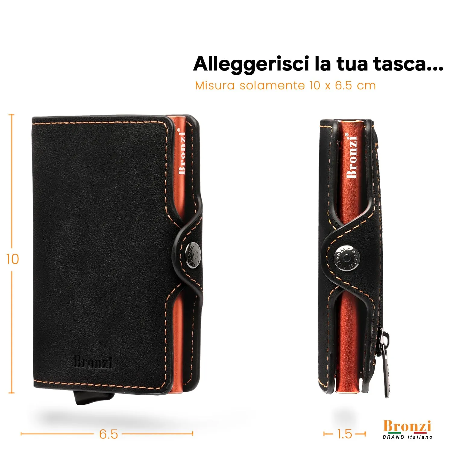 Bronzi Portafoglio Uomo Slim Piccolo Portacarte con Protezione RFID e Portamonete - Opaco Arancione - immagine 5