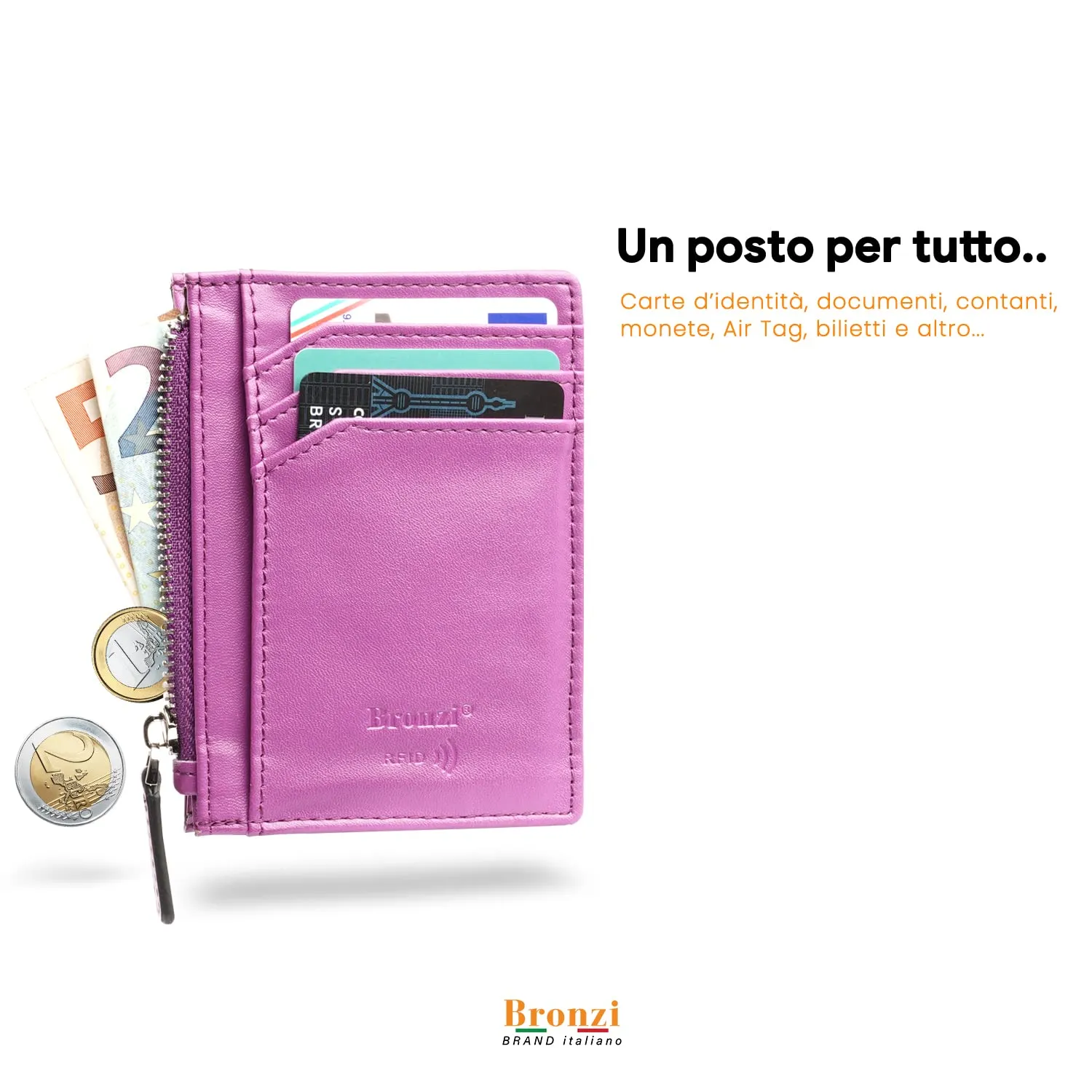 Bronzi Portafoglio Slim Porta Carte di Credito con Protezione RFID - Zip Viola - immagine 2