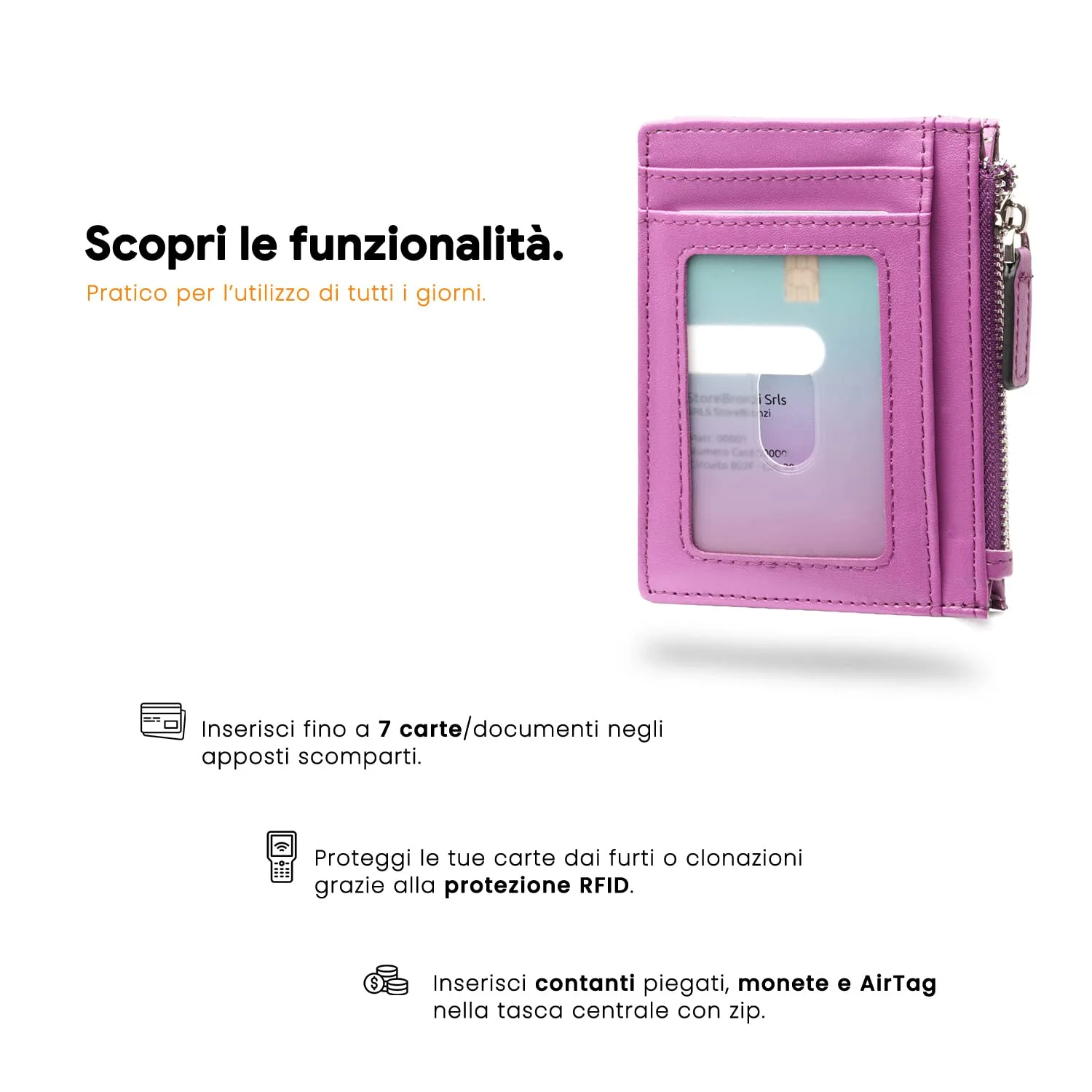Bronzi Portafoglio Slim Porta Carte di Credito con Protezione RFID - Zip Viola - immagine 3