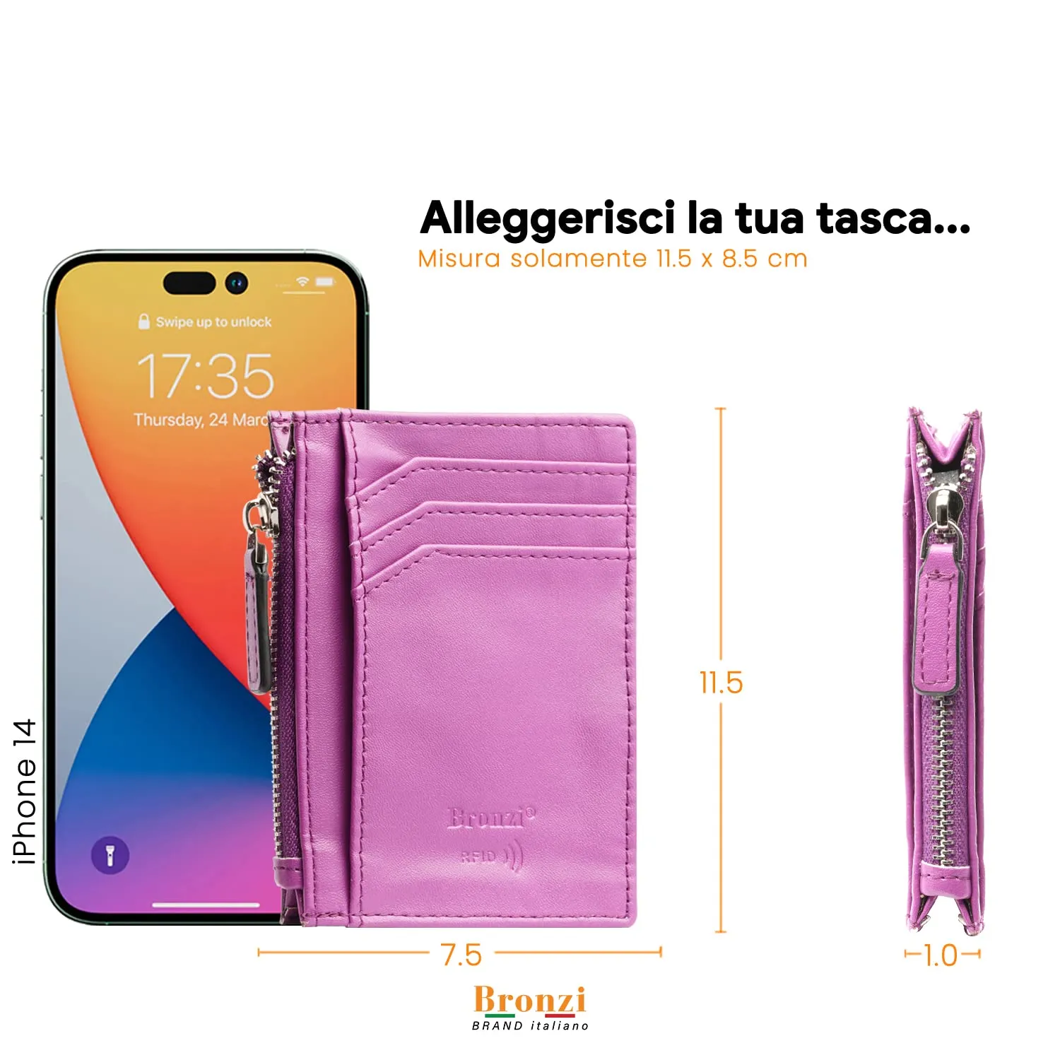 Bronzi Portafoglio Slim Porta Carte di Credito con Protezione RFID - Zip Viola - immagine 6