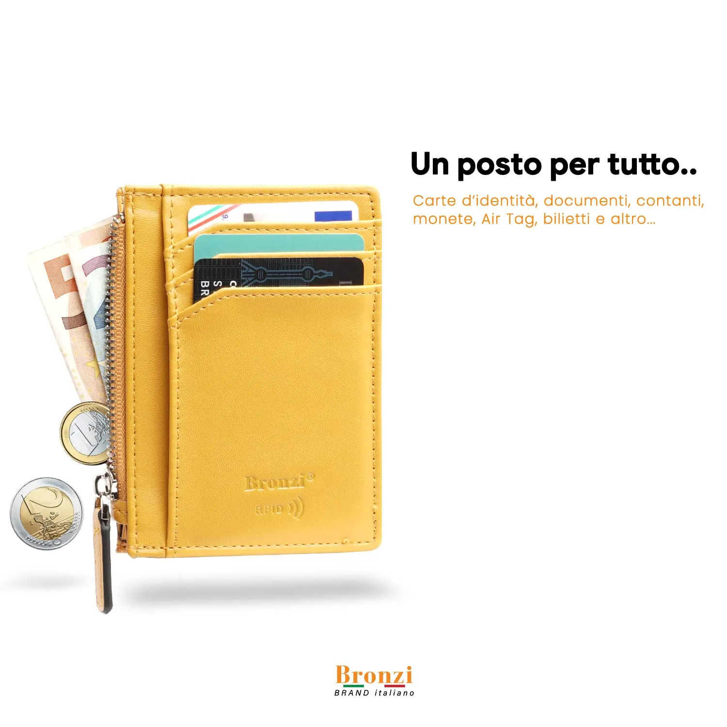 Bronzi Portafoglio Portacarte Uomo Slim con Protezione RFID - Zip Giallo - immagine 2