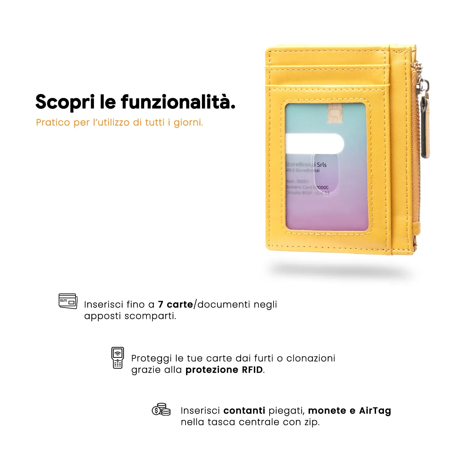 Bronzi Portafoglio Portacarte Uomo Slim con Protezione RFID - Zip Giallo - immagine 3