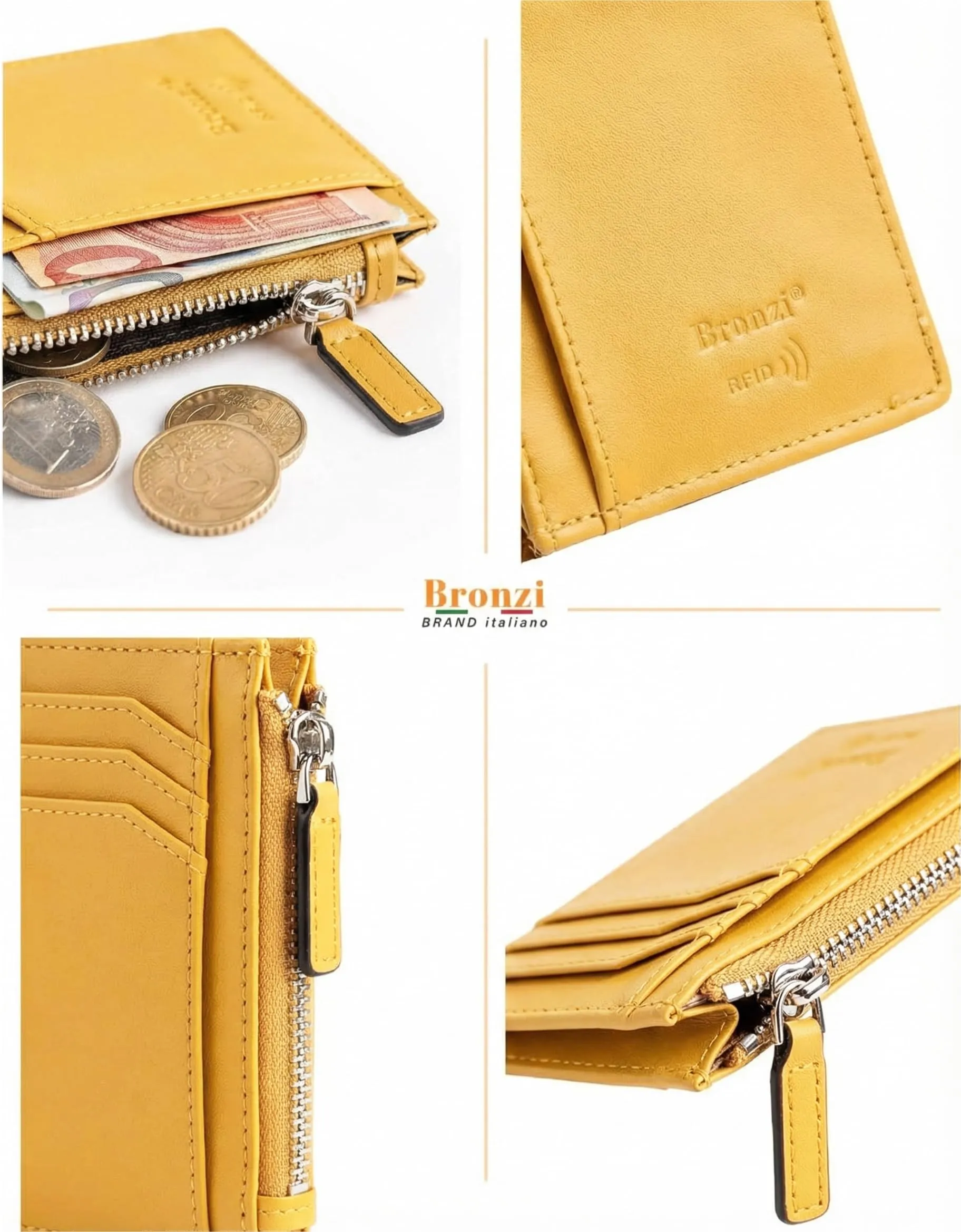 Bronzi Portafoglio Portacarte Uomo Slim con Protezione RFID - Zip Giallo - immagine 5