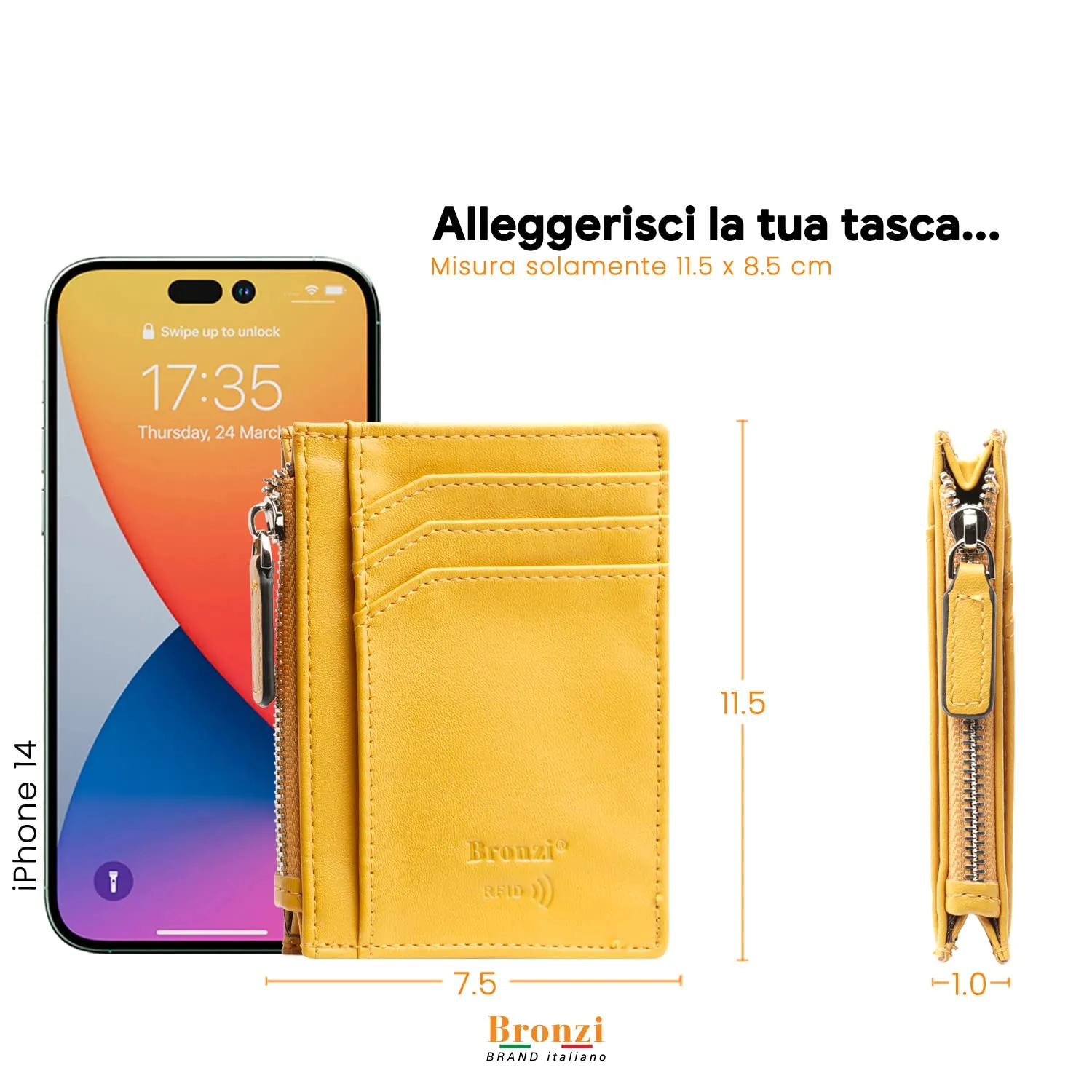 Bronzi Portafoglio Portacarte Uomo Slim con Protezione RFID - Zip Giallo - immagine 6