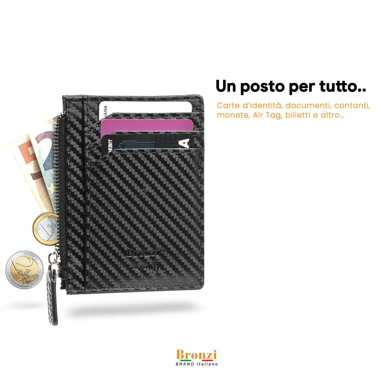 Bronzi Portafoglio Slim Porta Carte di Credito RFID Zip Carbon - immagine 2