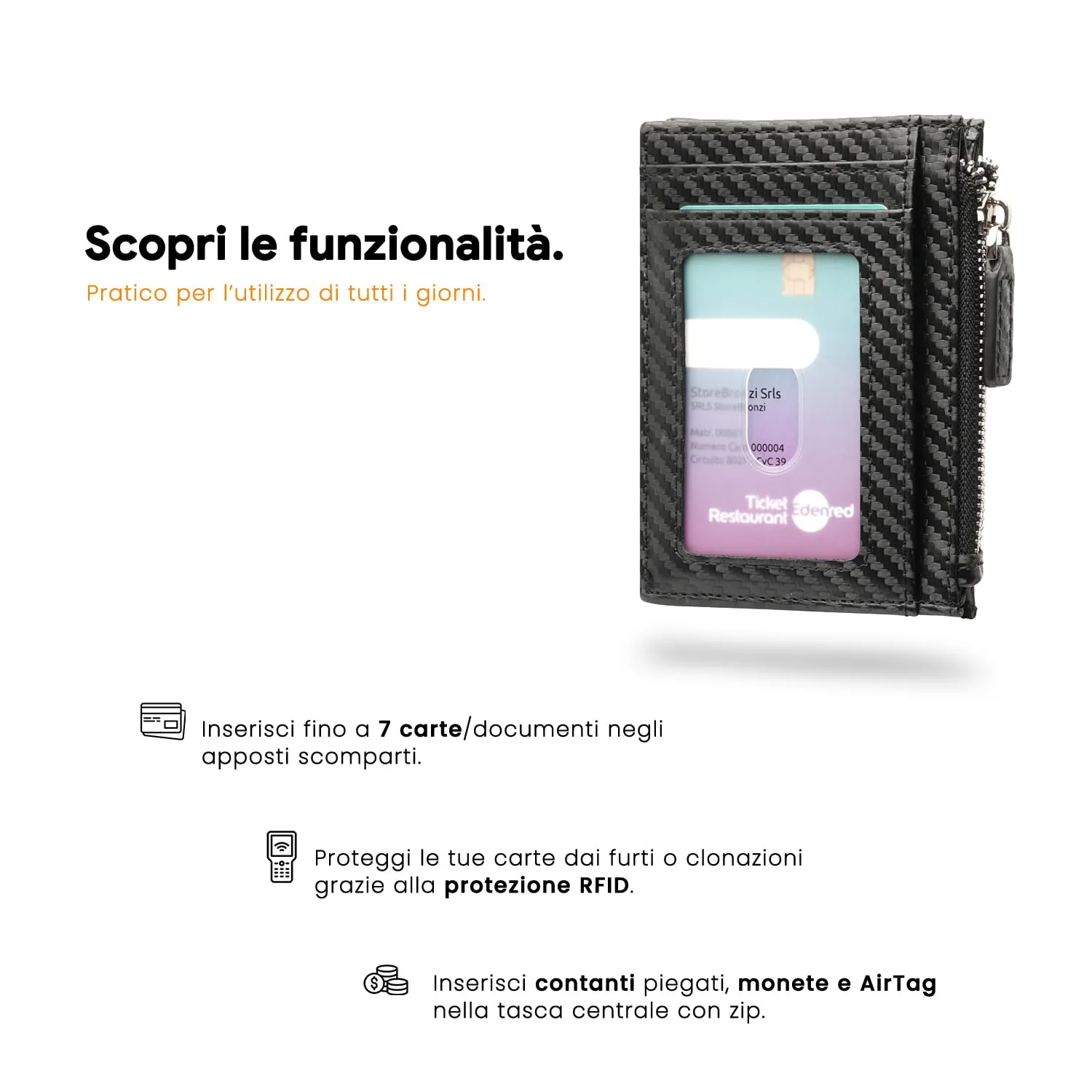 Bronzi Portafoglio Slim Porta Carte di Credito RFID Zip Carbon - immagine 3