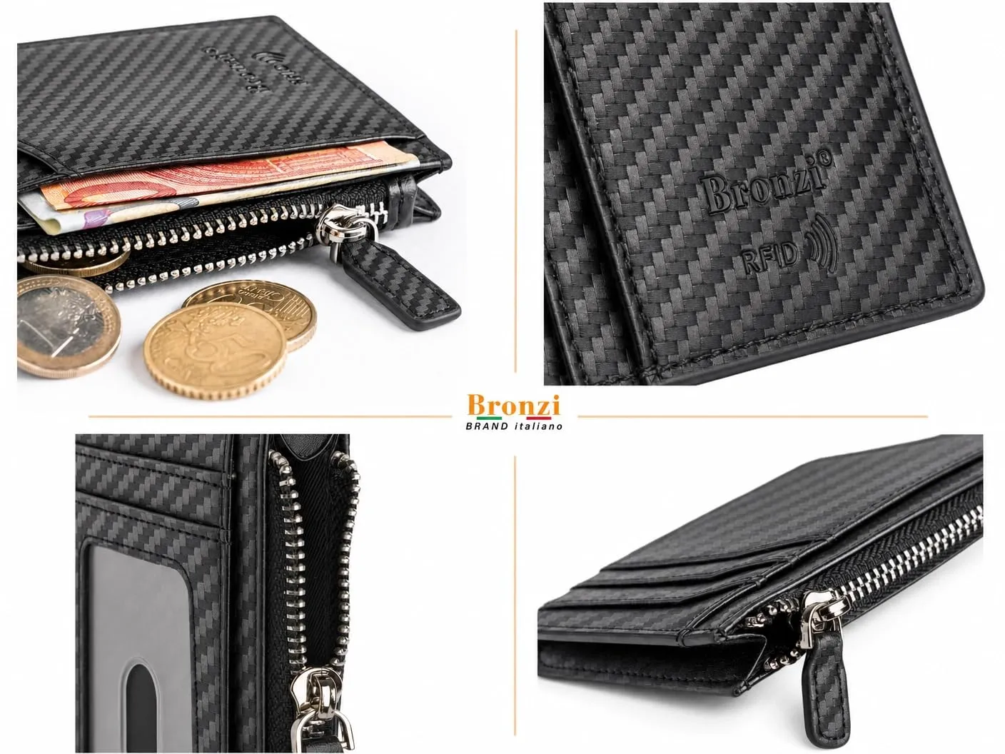 Bronzi Portafoglio Slim Porta Carte di Credito RFID Zip Carbon - immagine 5