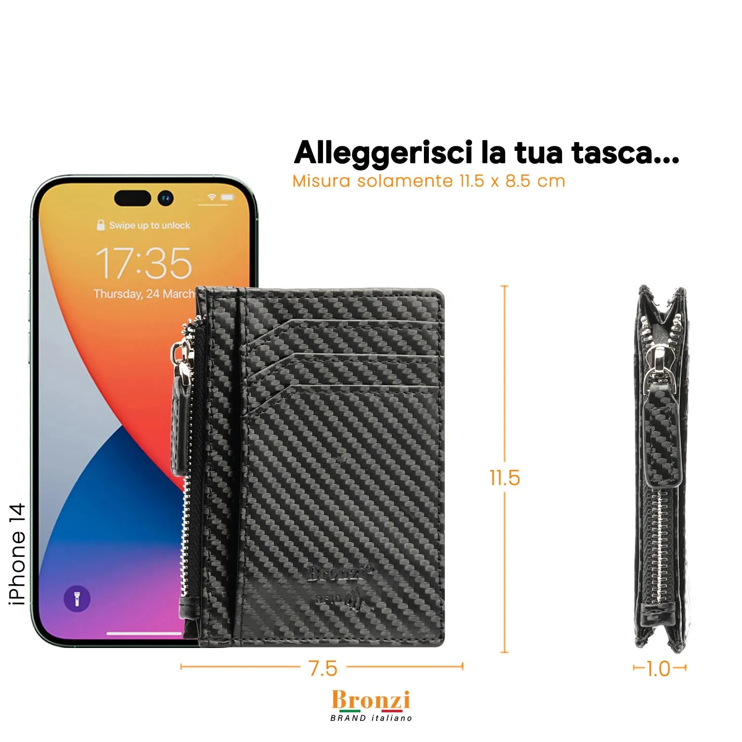 Bronzi Portafoglio Slim Porta Carte di Credito RFID Zip Carbon - immagine 6