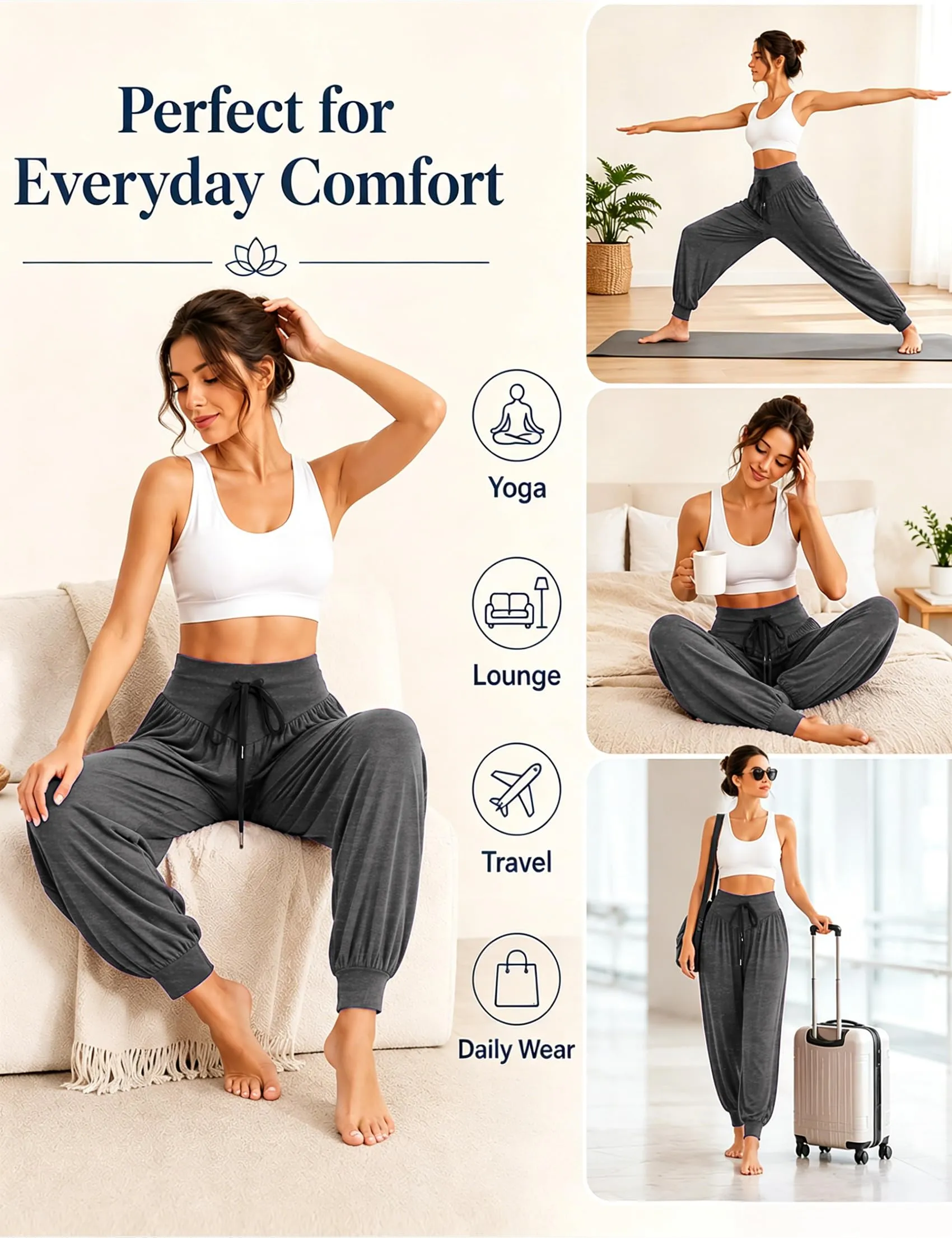 Terecey Pantaloni Yoga Donna Harem Vita Alta con Tasche e Coulisse, Gamba Larga - immagine 7