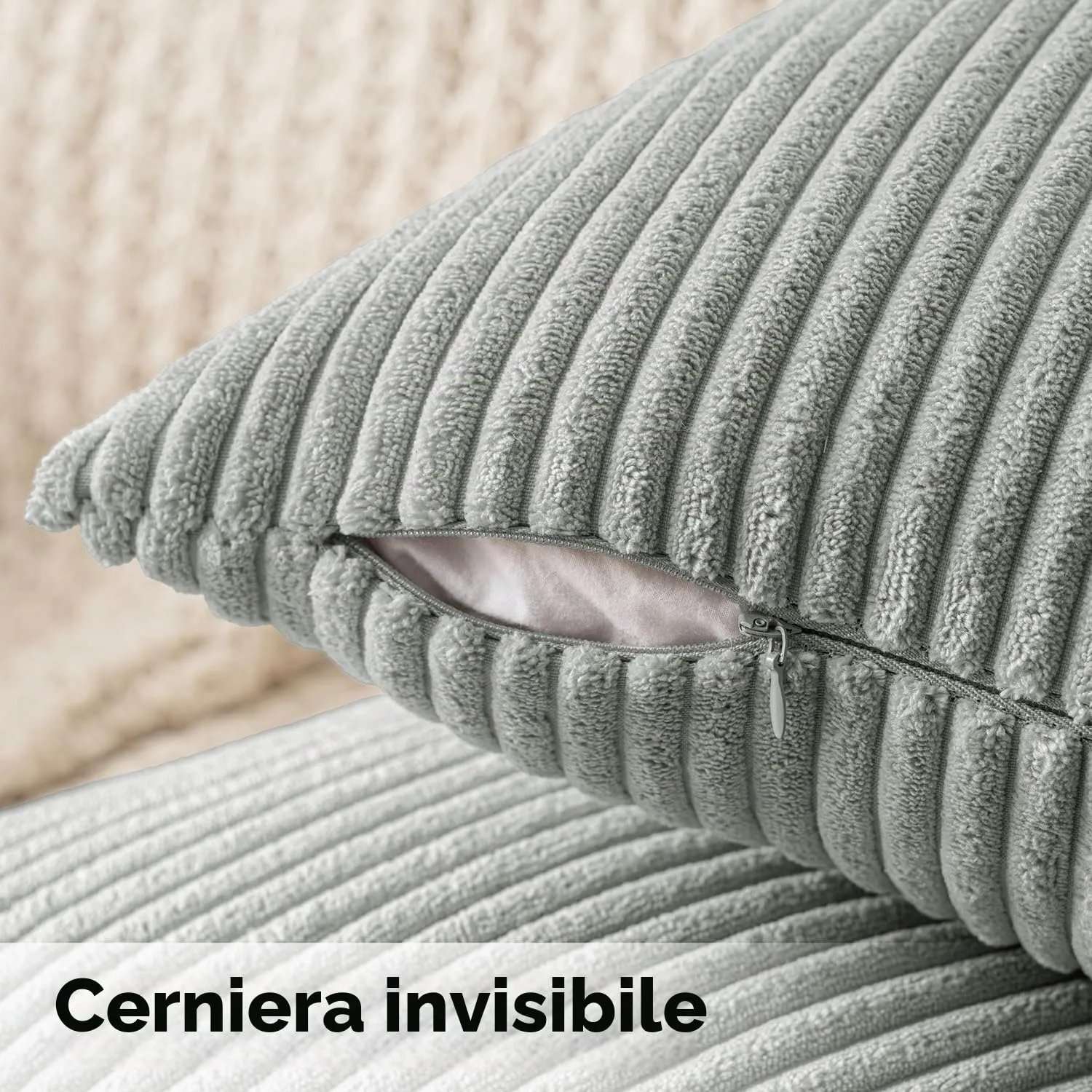 MIULEE Federe Cuscini in Velluto a Coste, 40x40 cm, Grigio Verde, Set da 2 - immagine 3