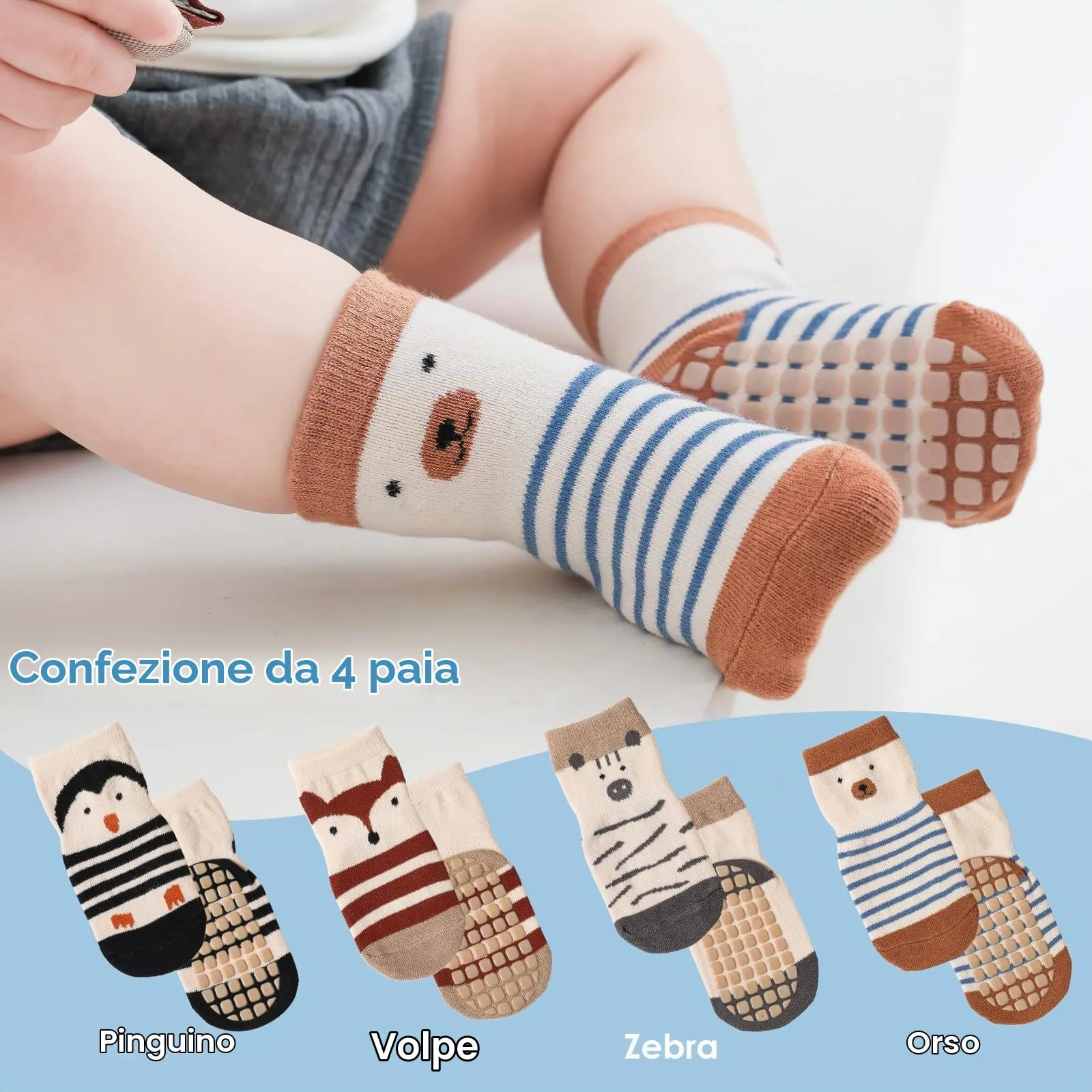 Simpeak Calzini Antiscivolo Bambino in Cotone, 4 Paia, Pattern Animali, 1-3 Anni, M - immagine 6