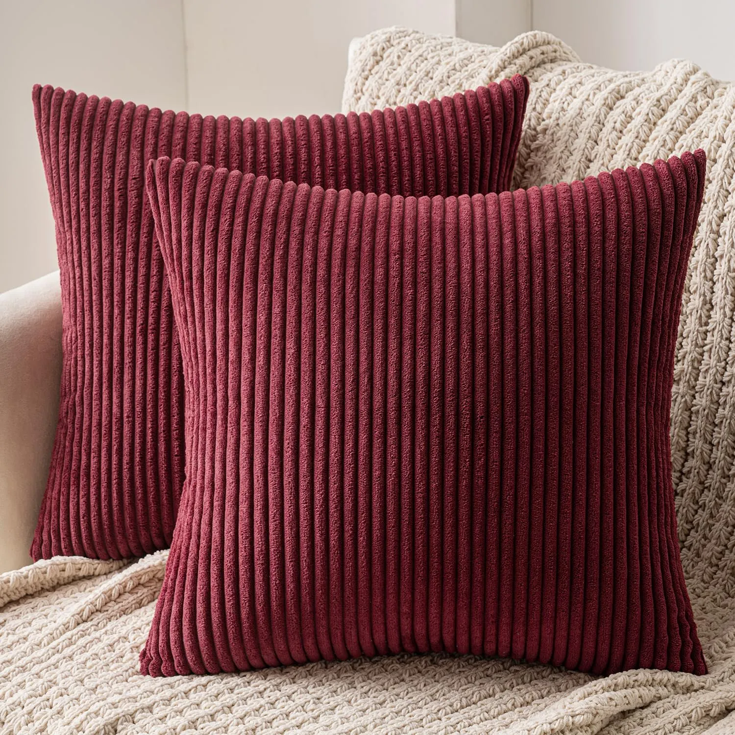 MIULEE Fodere Cuscini in Velluto a Coste, 50x50cm, Confezione da 2, Vino Rosso - immagine 1