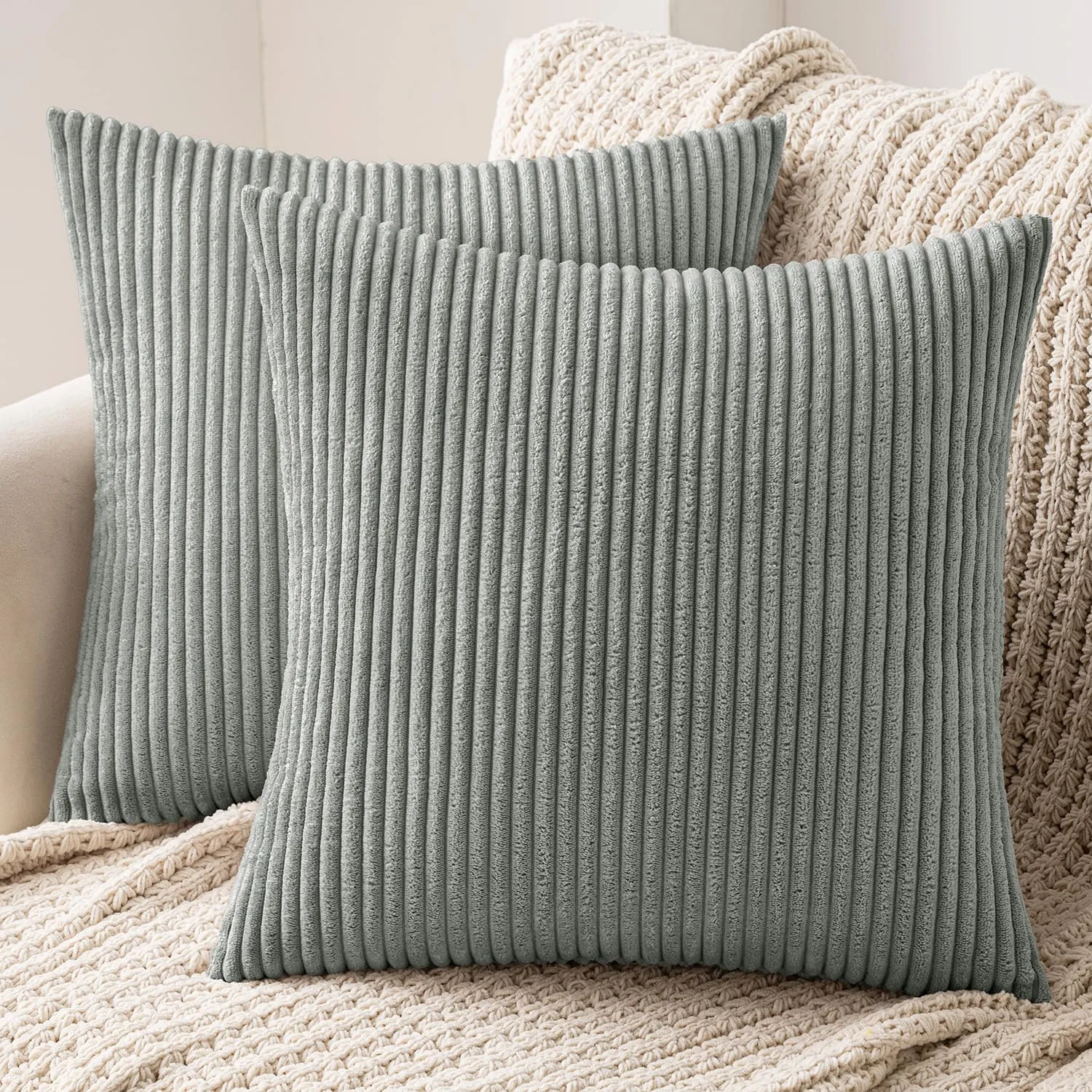 MIULEE Federe Cuscini in Velluto a Coste, 50x50 cm, Grigio Verde, Set da 2 Pezzi - immagine 1