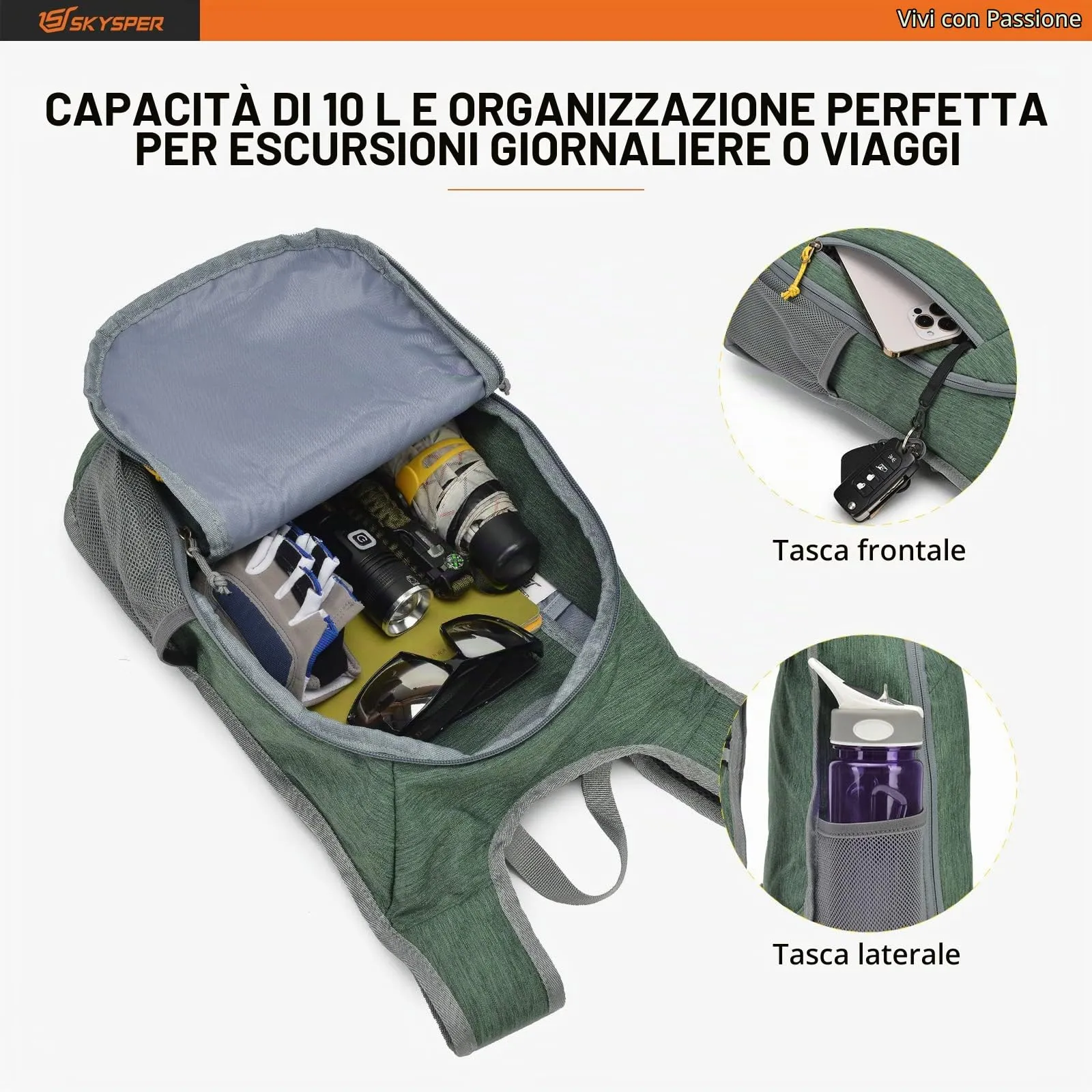 SKYSPER Zaino Leggero Pieghevole 10L per Trekking e Viaggi - immagine 3