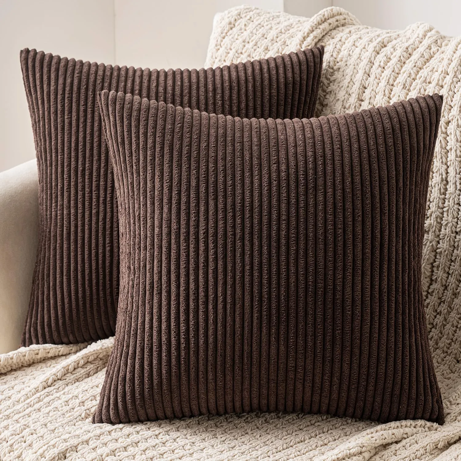 MIULEE Fodere in Velluto a Coste, Set da 2, 40 x 40 cm, Cioccolato - immagine 1